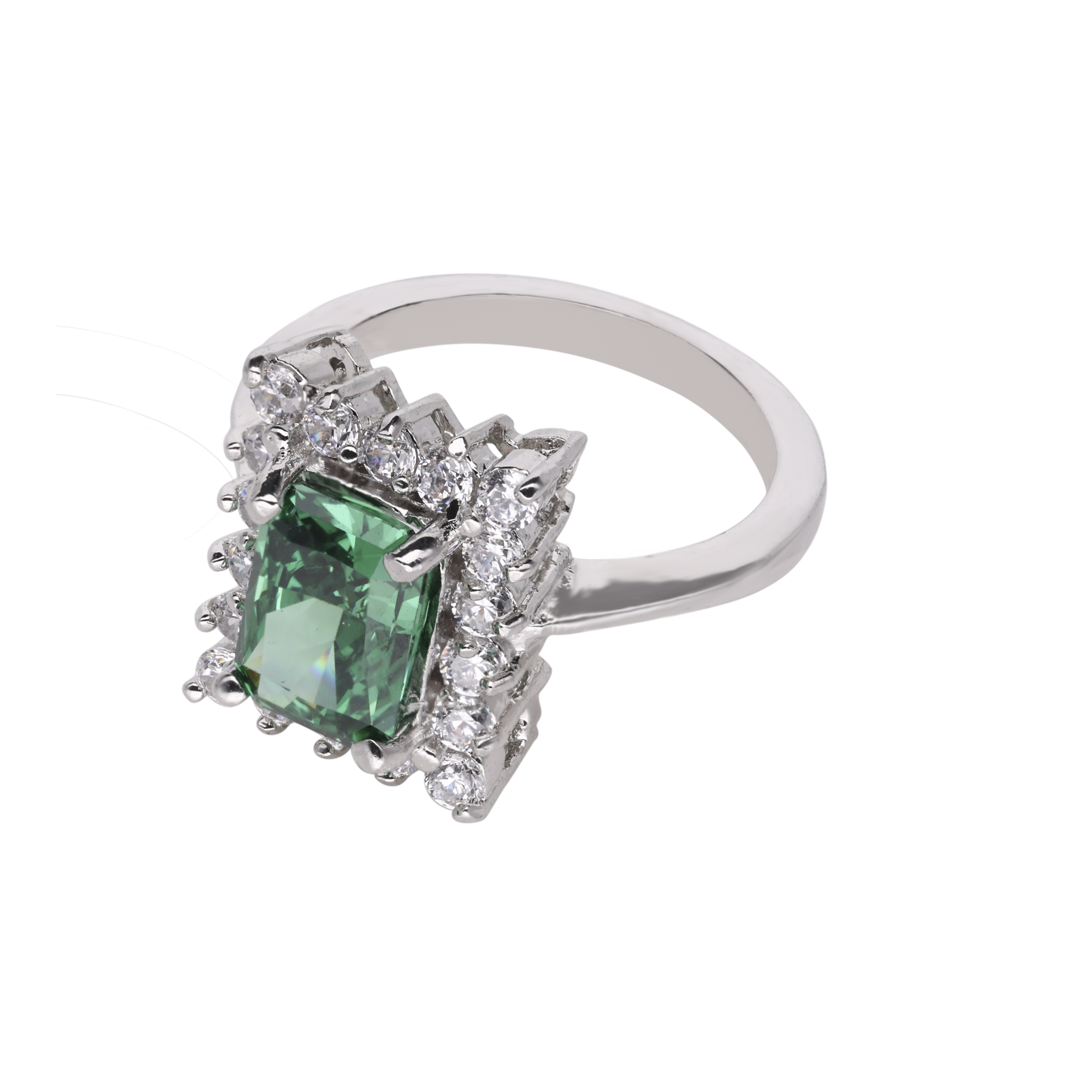 Sterling Silver Emerald-Cut Green Gemstone Ring with Cubic Zircon | SKU : 0020809935