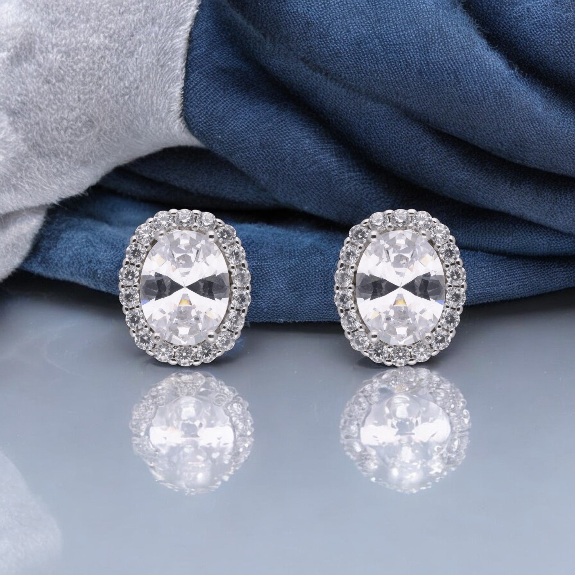 Oval Gem Halo Sterling Ear Studs | SKU : 0020846824, 0003399422, 0003399439, 0020846817, 0020846770, 0020846787, 0020846800, 0020846794