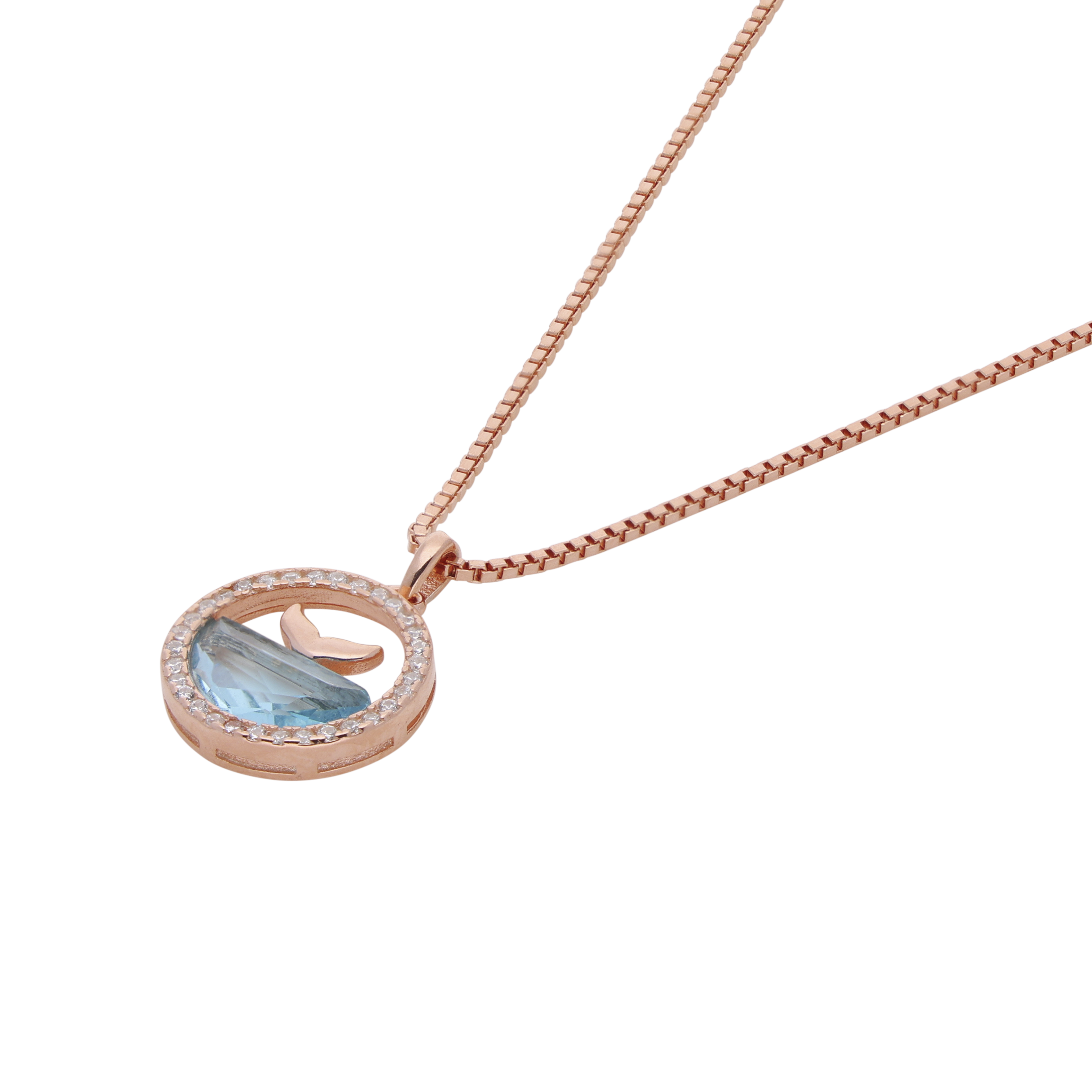 Ocean’s Embrace Pendant Necklace in Rose Gold & Silver with Aquatic Blue Gem | SKU : 0021142697, 0021142727, 0021142703, 0021142710, 0021142673, 0021142680, 0021142871, 0003523568, 0003523544