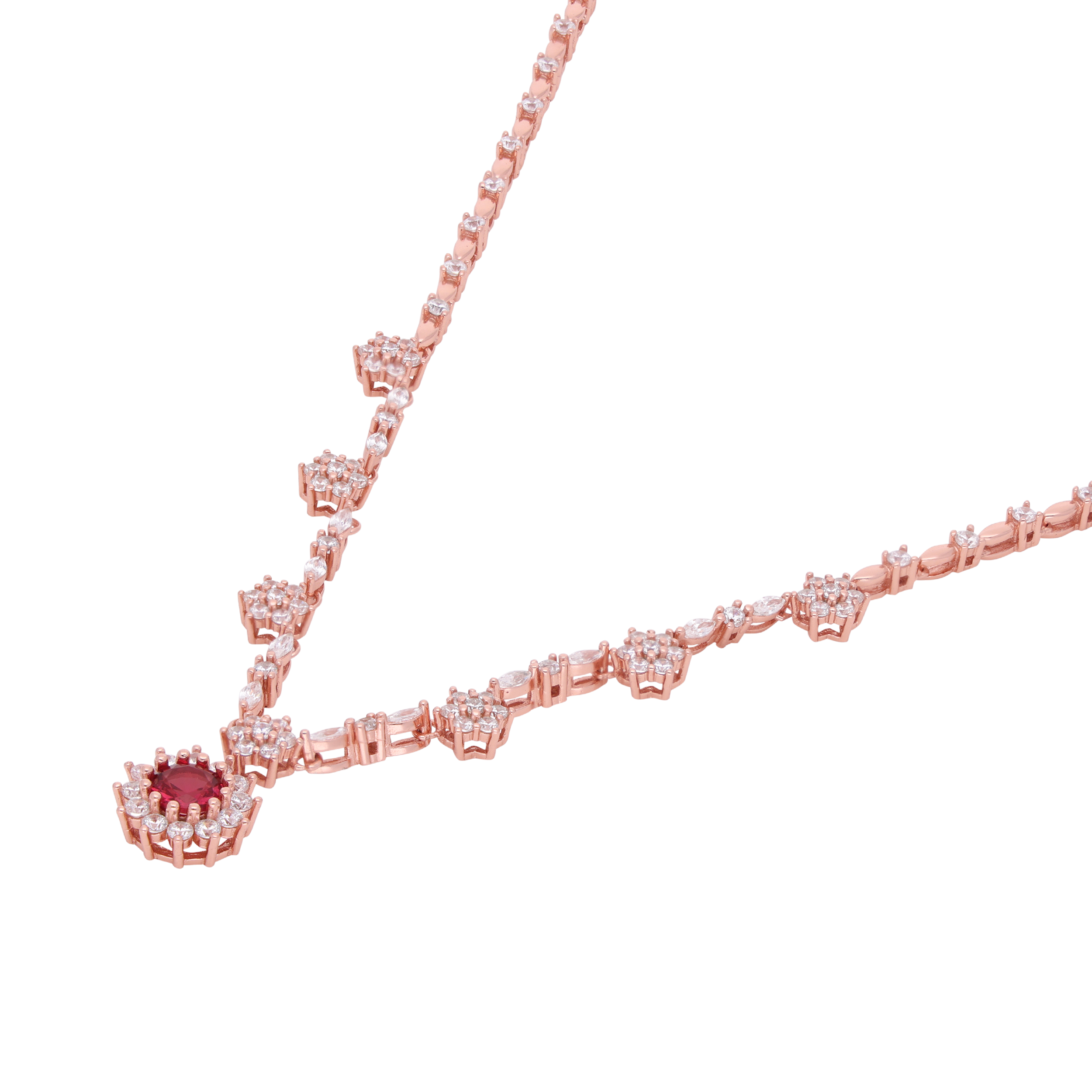 Sterling Silver Floral Pendant Necklace with Cubic Zirconia & Red Round Gemstone | SKU : 0021158513