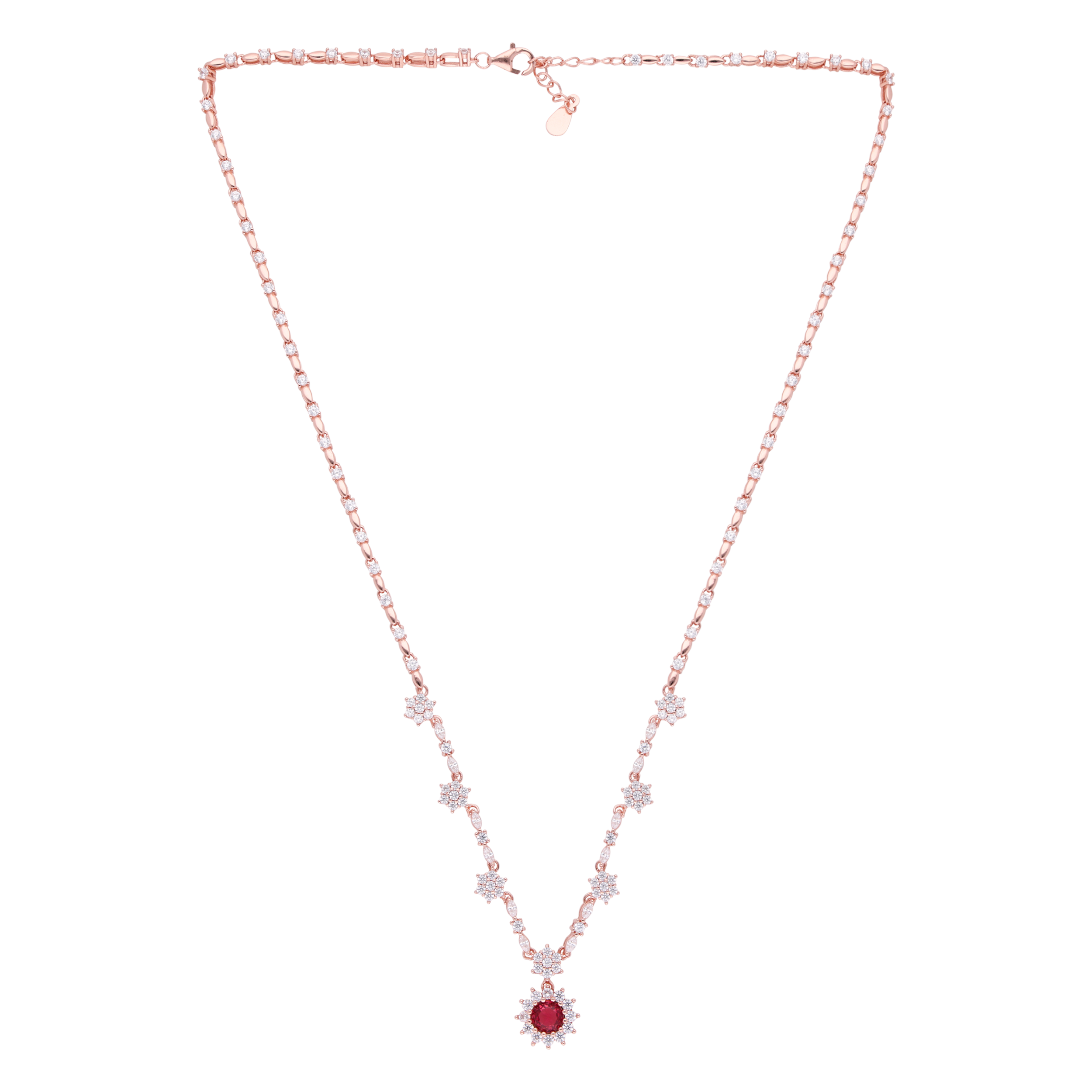 Sterling Silver Floral Pendant Necklace with Cubic Zirconia & Red Round Gemstone | SKU : 0021158513