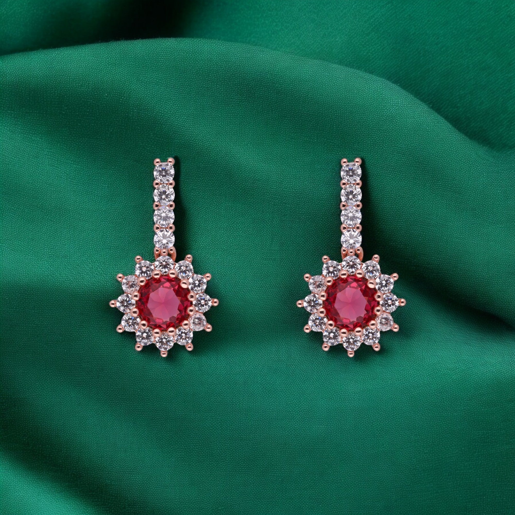 Rose Gold Sterling Silver Ruby & Zircon Halo Drop Earrings | SKU : 0021158520, 0003523506