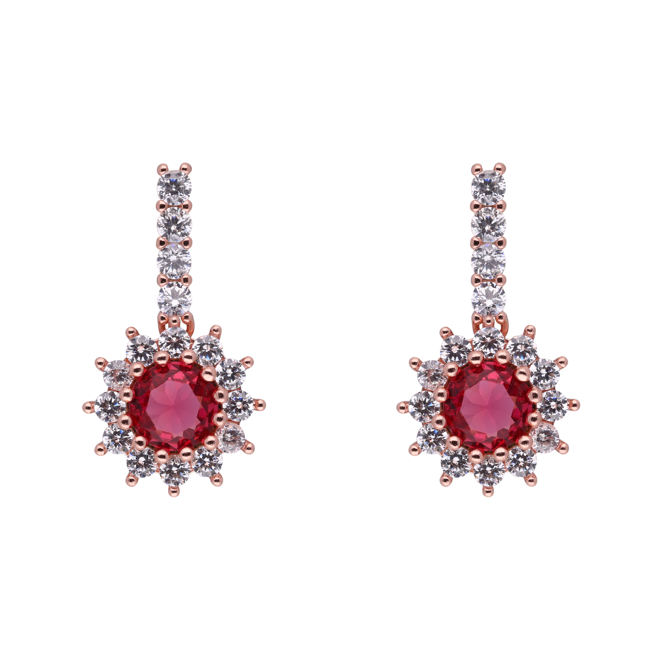 Rose Gold Sterling Silver Ruby & Zircon Halo Drop Earrings | SKU : 0021158520, 0003523506