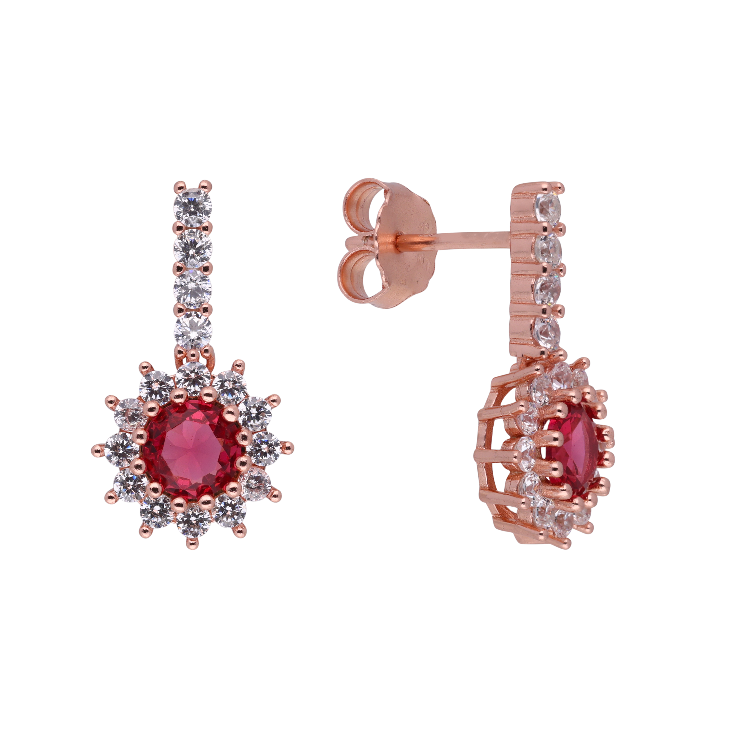 Rose Gold Sterling Silver Ruby & Zircon Halo Drop Earrings | SKU : 0021158520, 0003523506