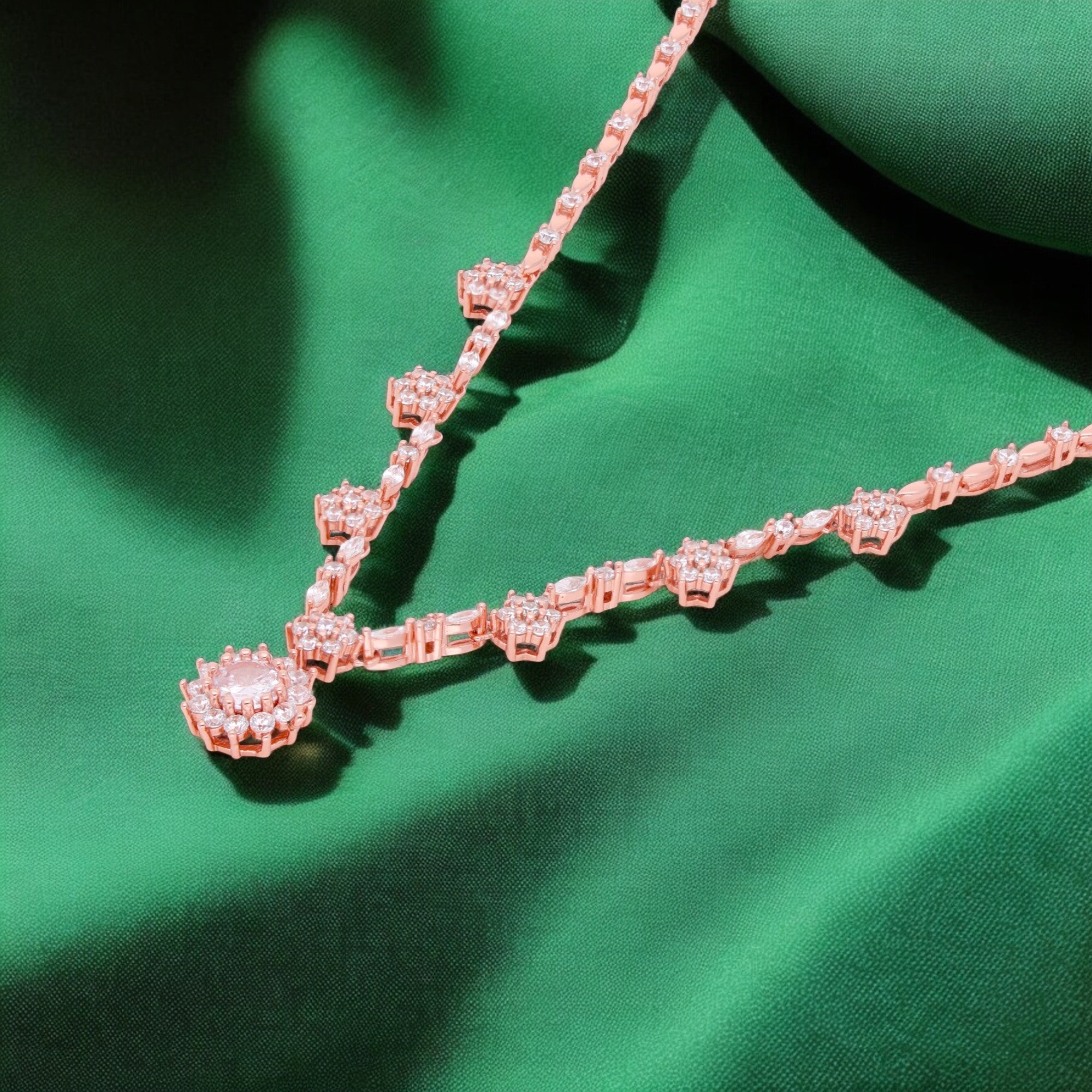 Elegant Rose Gold-Tone Floral Necklace with Cubic Zirconia & Round Gemstone | SKU : 0021158537, 0003523490