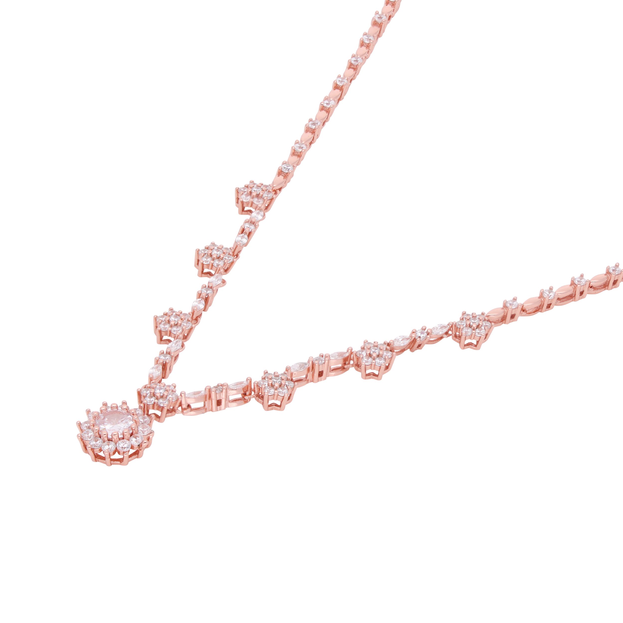 Elegant Rose Gold-Tone Floral Necklace with Cubic Zirconia & Round Gemstone | SKU : 0021158537, 0003523490