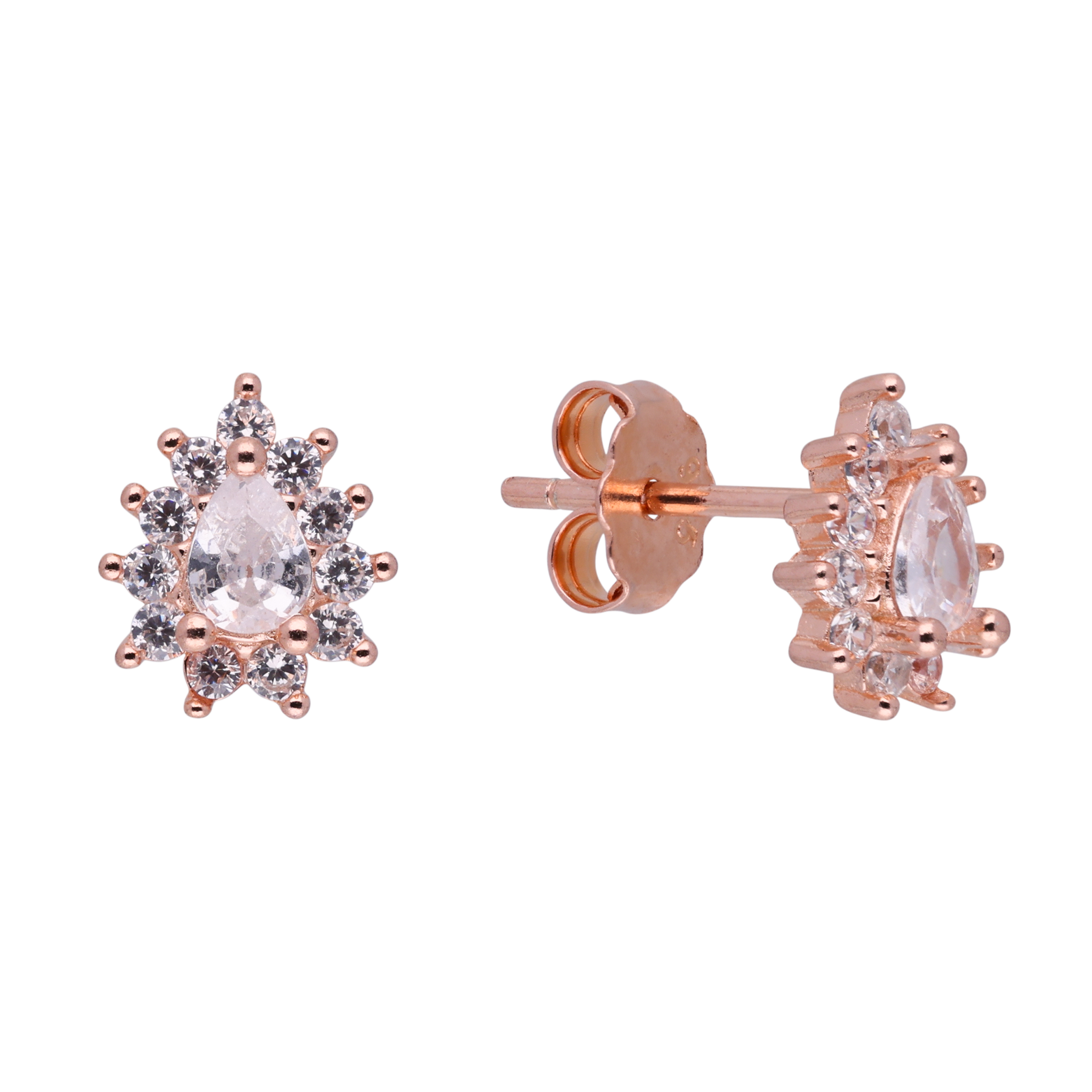 Rose Gold Sterling Silver Pear-Cut Cubic Zirconia Halo Stud Earrings | SKU : 0021158605, 0021158582