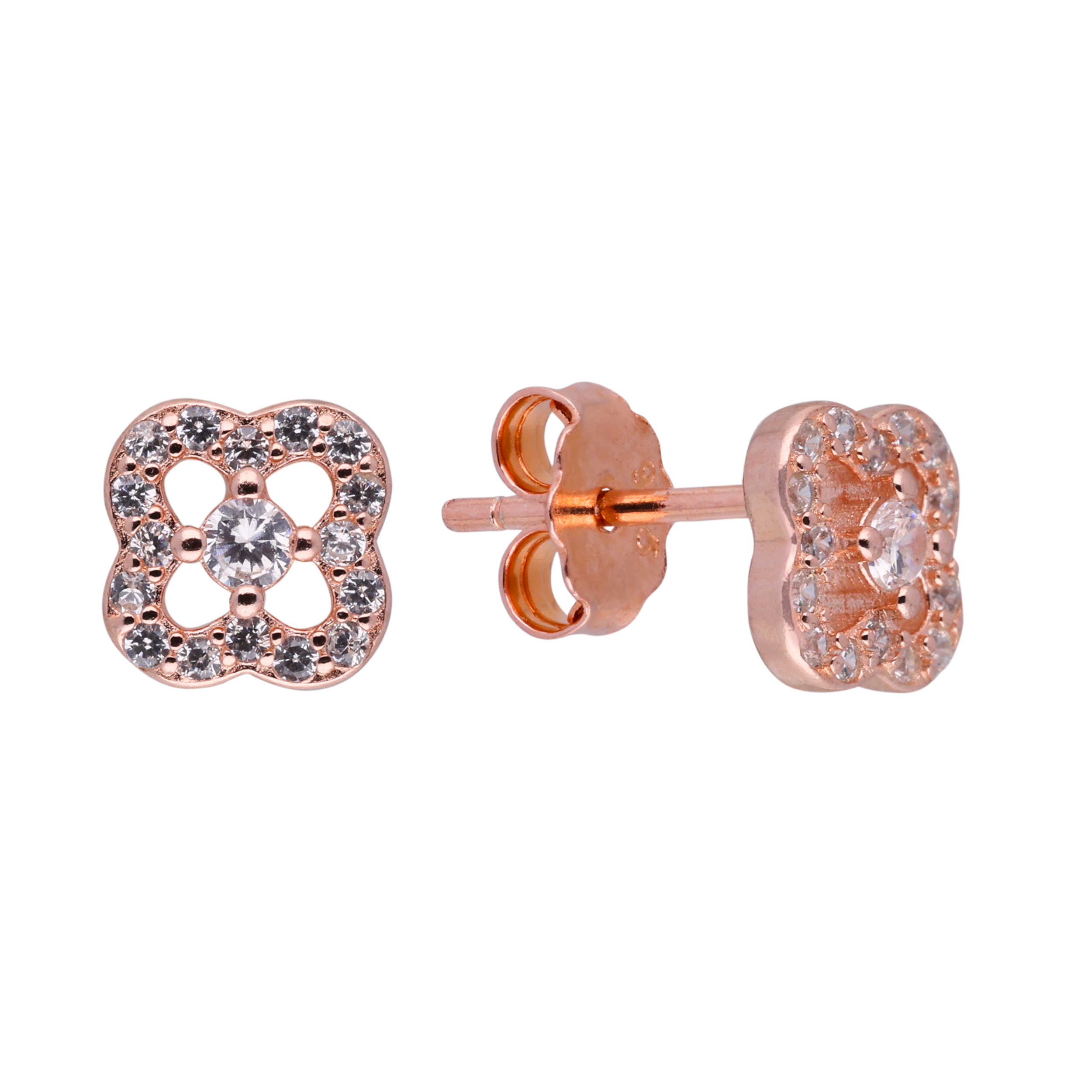 Rose Gold Sterling Silver Clover Pavé Stud Earrings | SKU : 0021158728