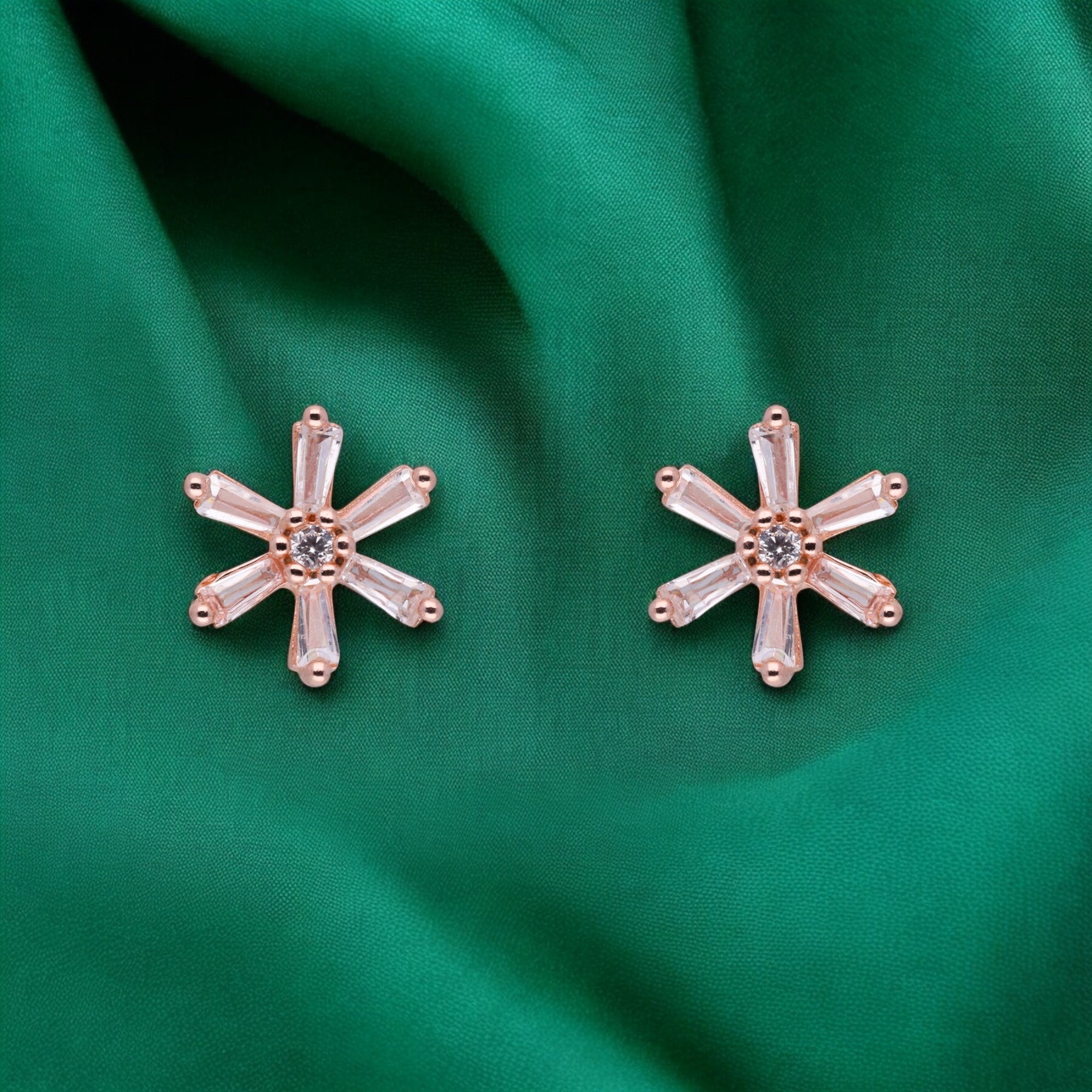 Rose Gold Sterling Silver Baguette Starburst Stud Earrings | SKU : 0021158803, 0021158827