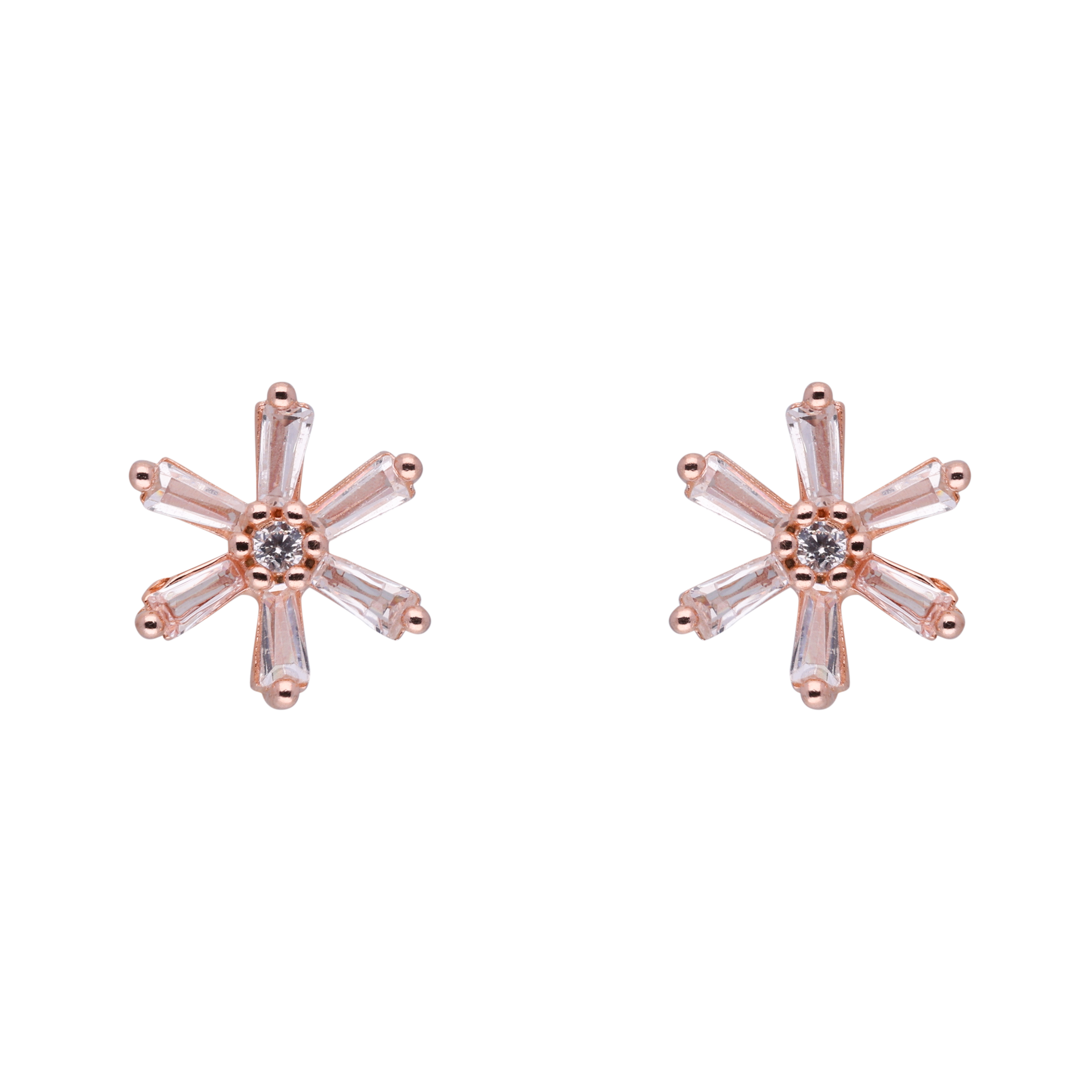 Rose Gold Sterling Silver Baguette Starburst Stud Earrings | SKU : 0021158803, 0021158827