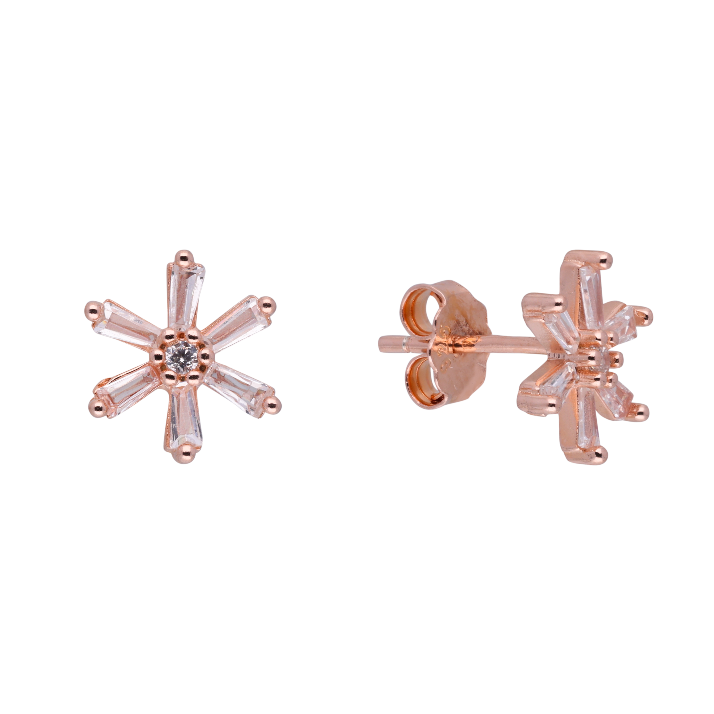 Rose Gold Sterling Silver Baguette Starburst Stud Earrings | SKU : 0021158803, 0021158827