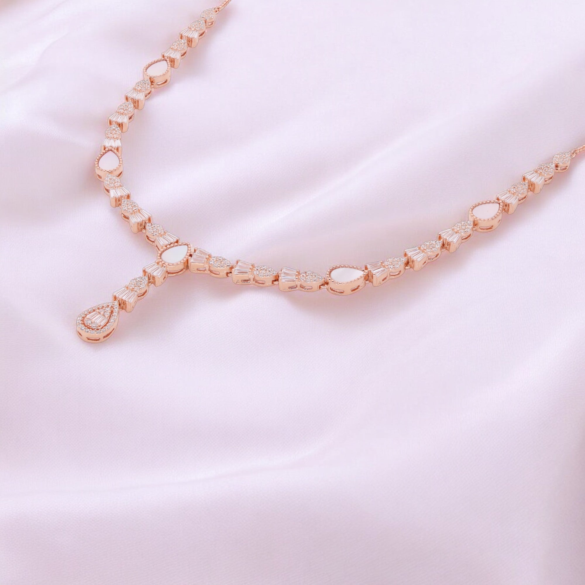 Rose Gold Necklace with Lustrous Pear-Cut Stones & Zirconia | SKU : 0021188367, 0003525807, 0003526026