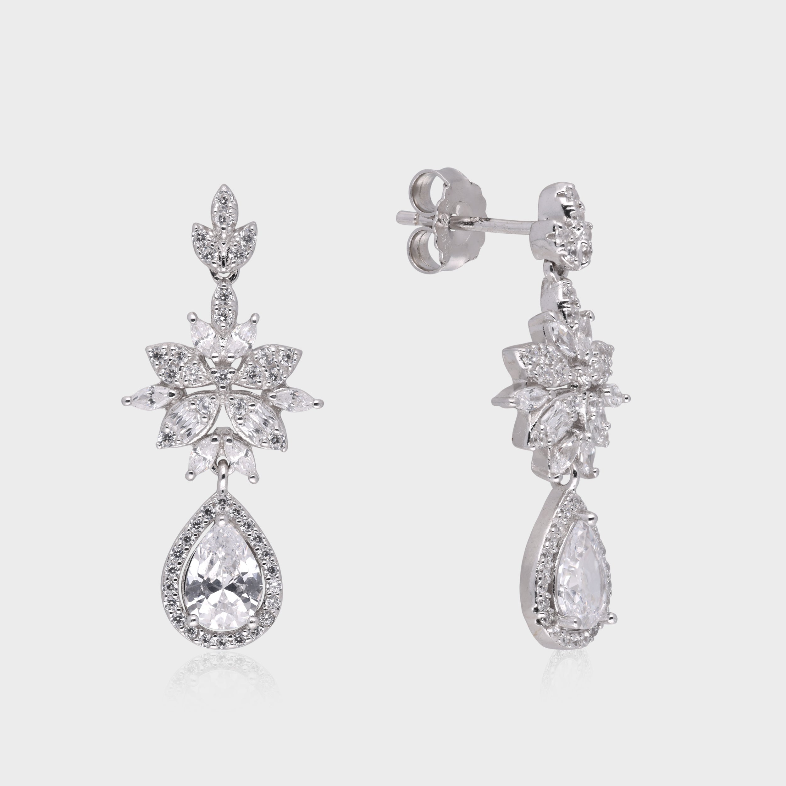 Sterling Silver Floral Cascade Earrings with Pear-Shaped Drops | SKU : 0021188459