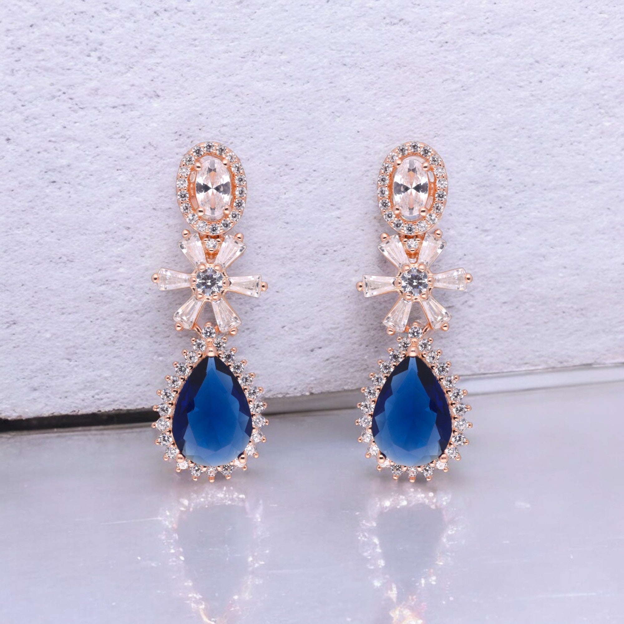 Regal Sterling Silver Dangle Earrings with Sapphire-Blue & Crystal Accents | SKU : 0021188596, 0021188619