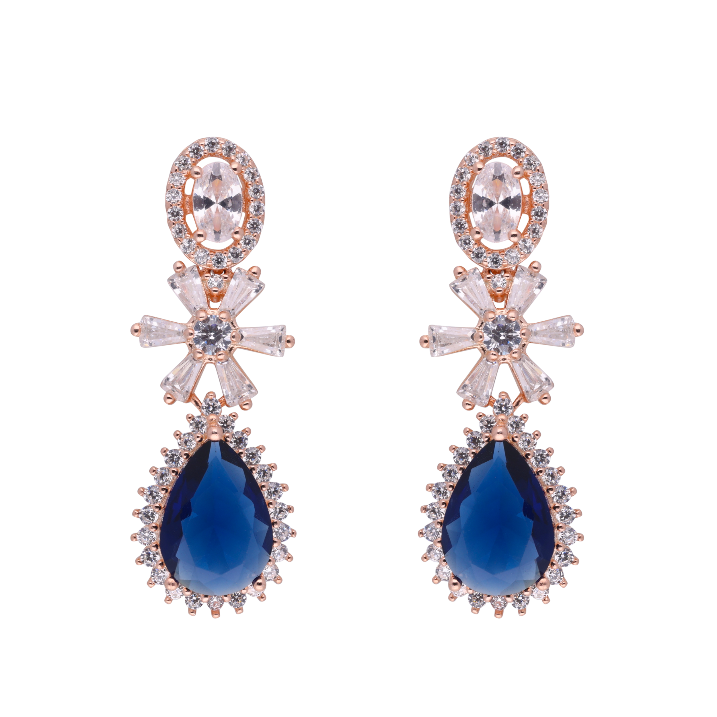 Regal Sterling Silver Dangle Earrings with Sapphire-Blue & Crystal Accents | SKU : 0021188596, 0021188619