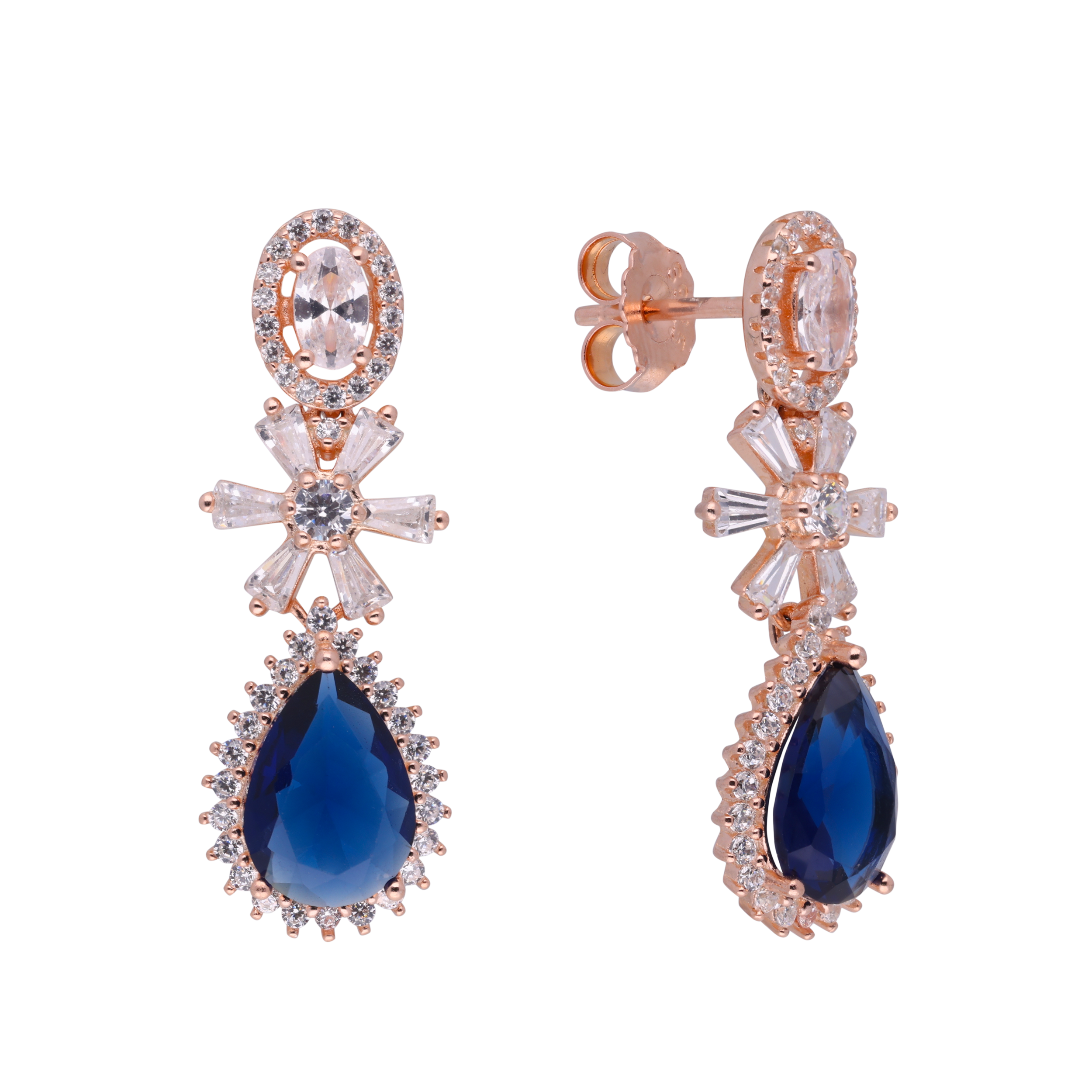 Regal Sterling Silver Dangle Earrings with Sapphire-Blue & Crystal Accents | SKU : 0021188596, 0021188619