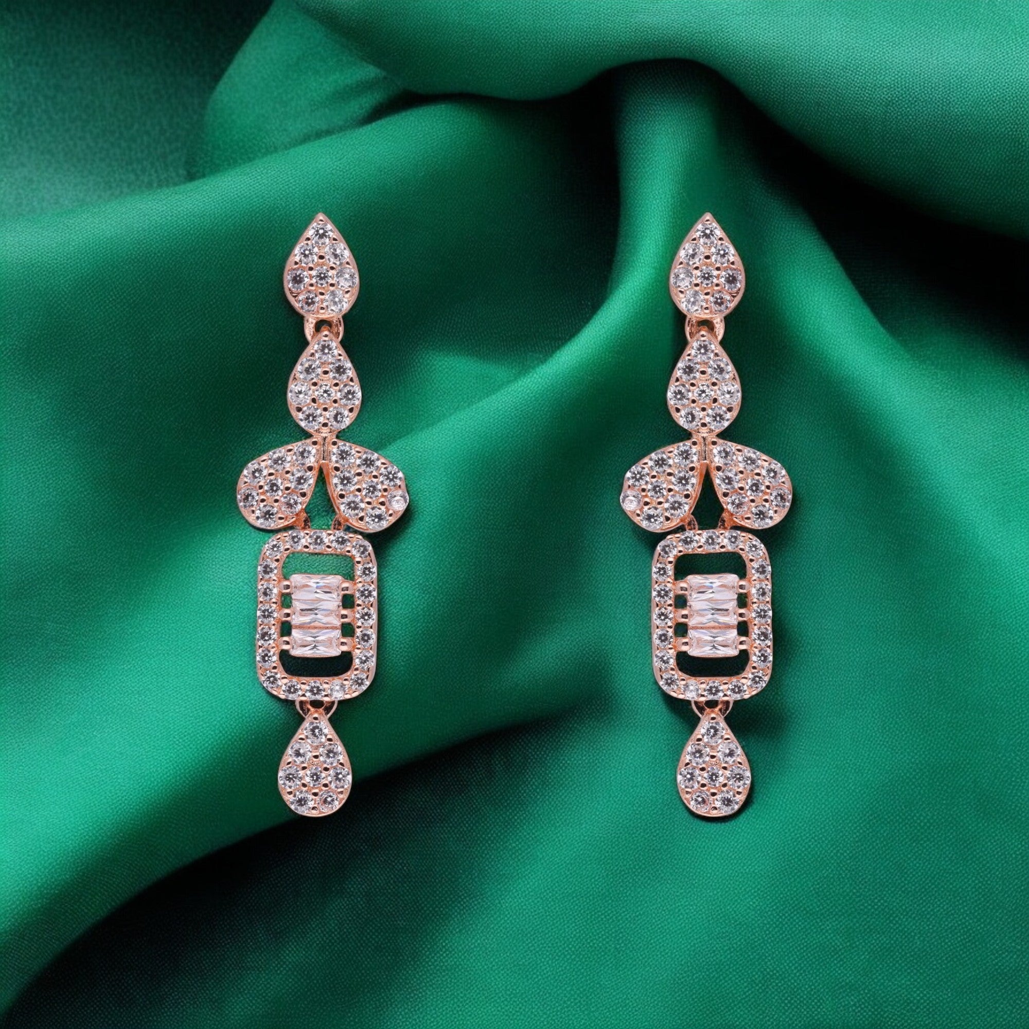 Rose Gold Sterling Silver Drop Earrings with Baguette Accent | SKU : 0021188954, 0021188930, 0003526057