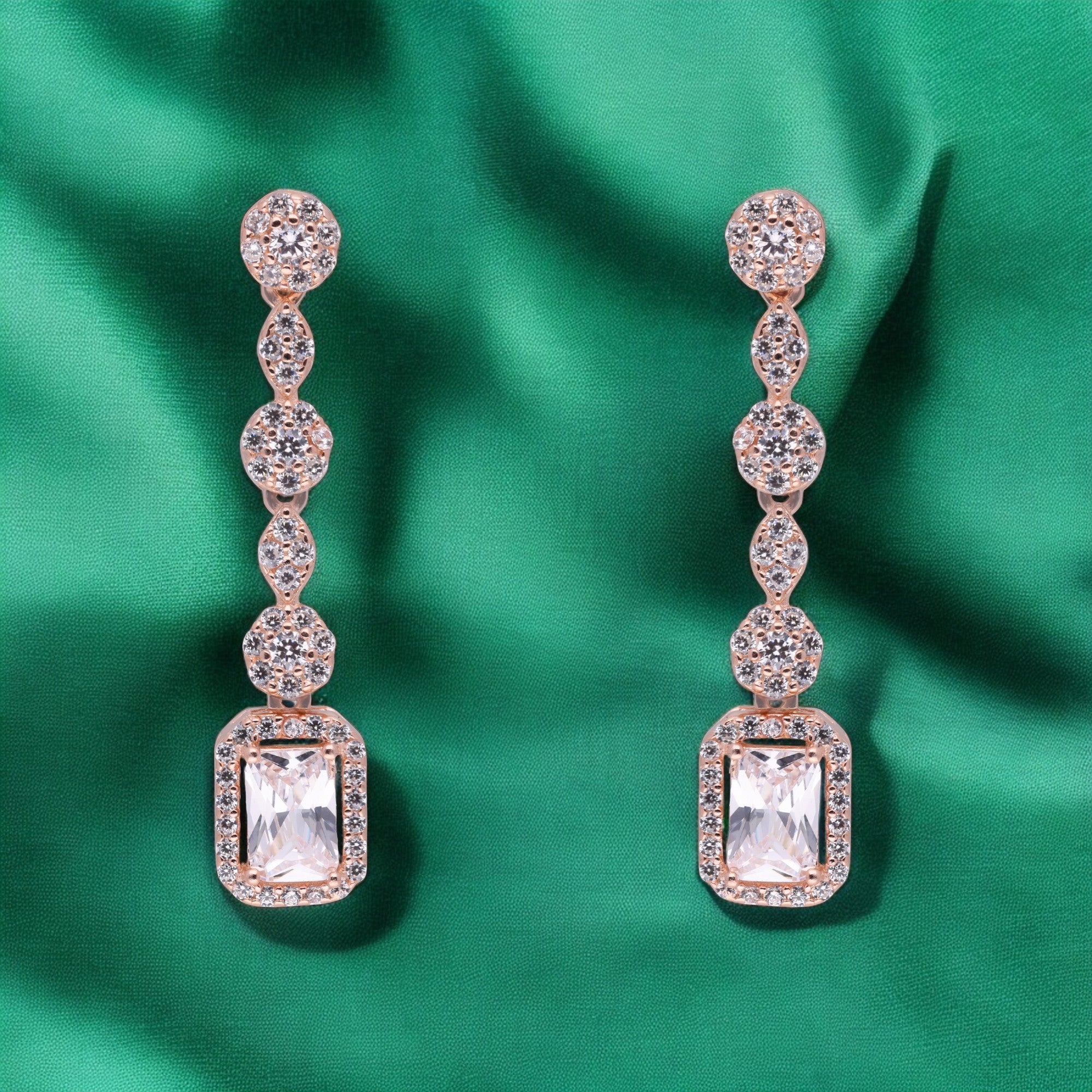 Radiant Cascade Drop Earrings with Emerald-Cut Centerpiece | SKU : 0021189135, 0021189098, 0021189050, 0003525456, 0003525630
