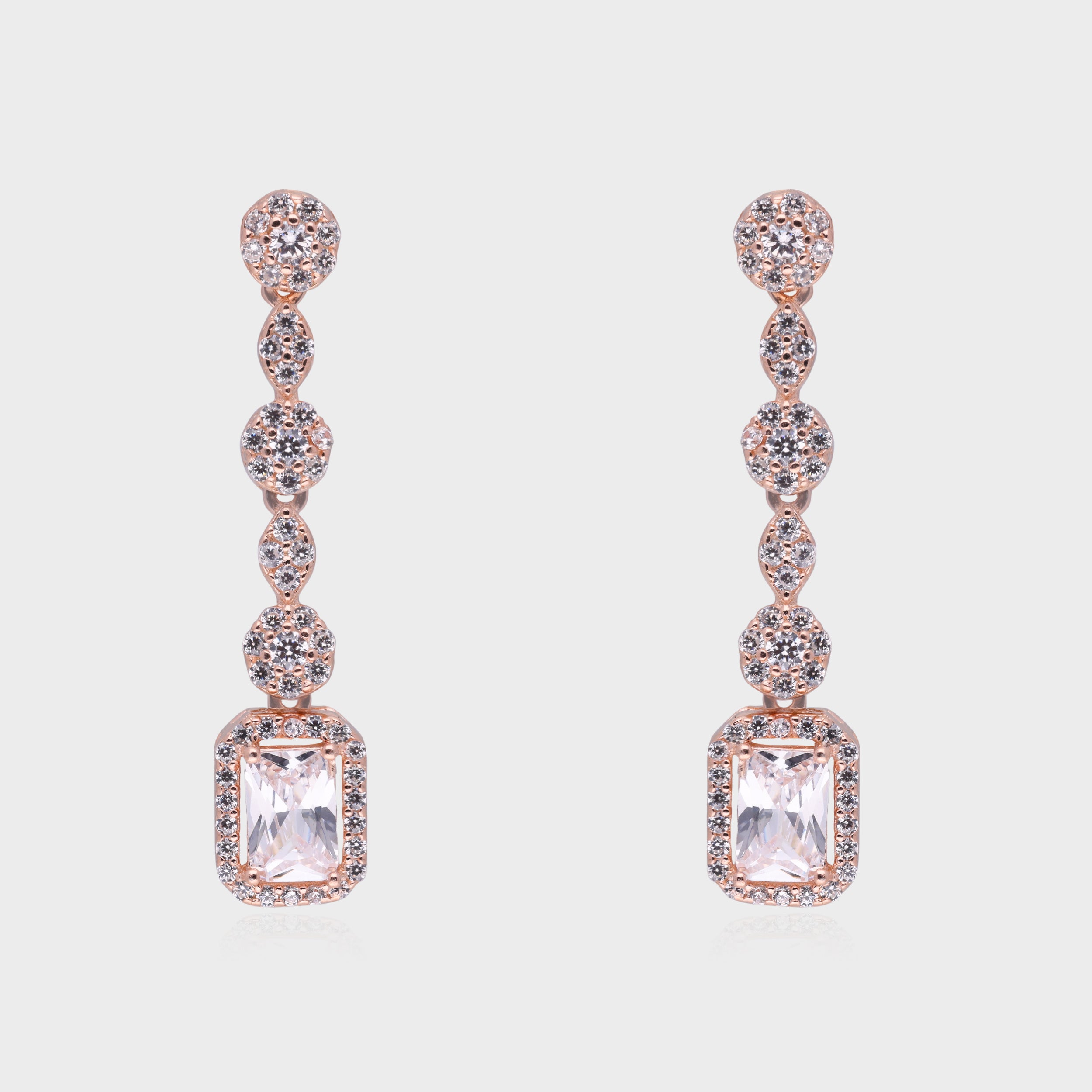 Radiant Cascade Drop Earrings with Emerald-Cut Centerpiece | SKU : 0021189135, 0021189098, 0021189050, 0003525456, 0003525630