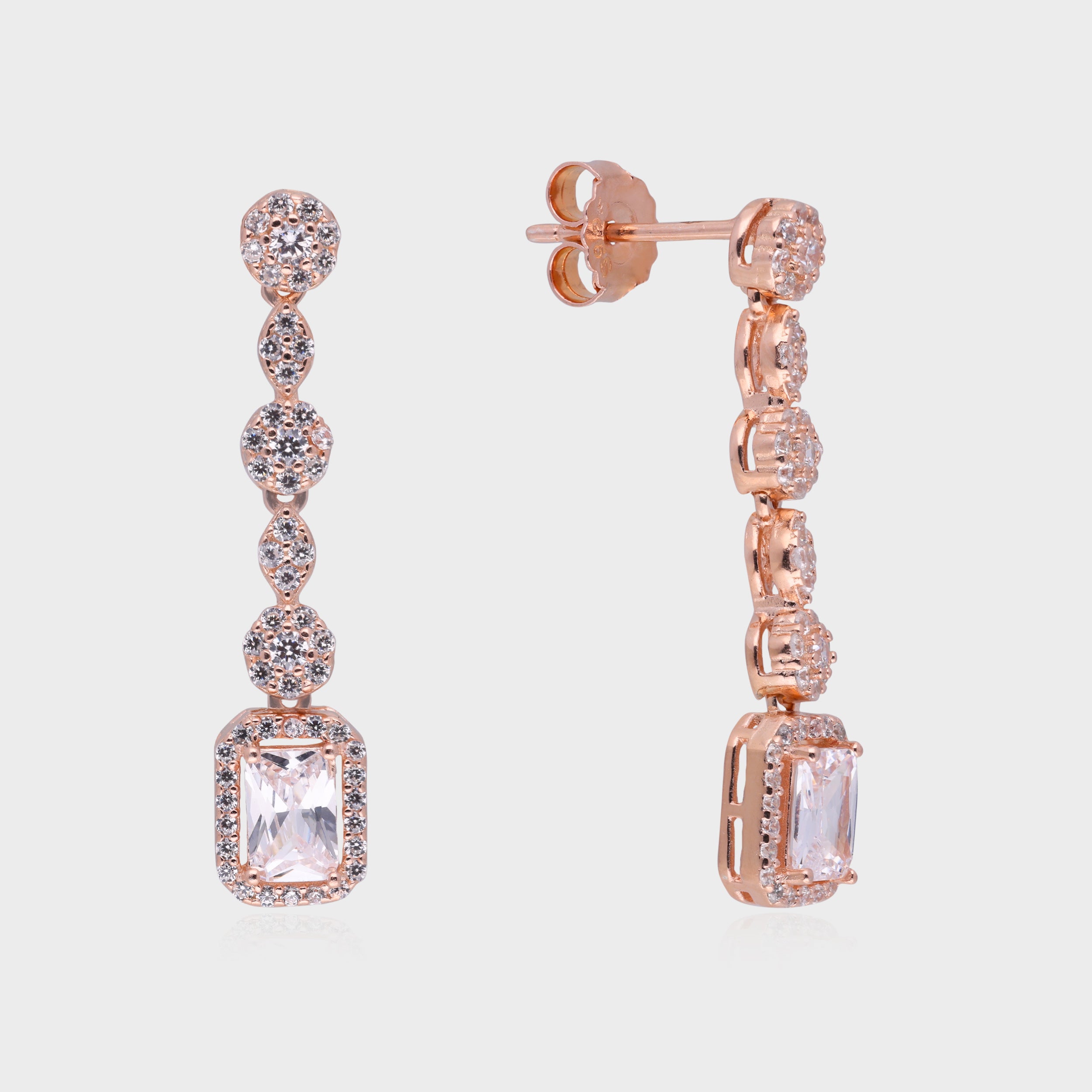 Radiant Cascade Drop Earrings with Emerald-Cut Centerpiece | SKU : 0021189135, 0021189098, 0021189050, 0003525456, 0003525630