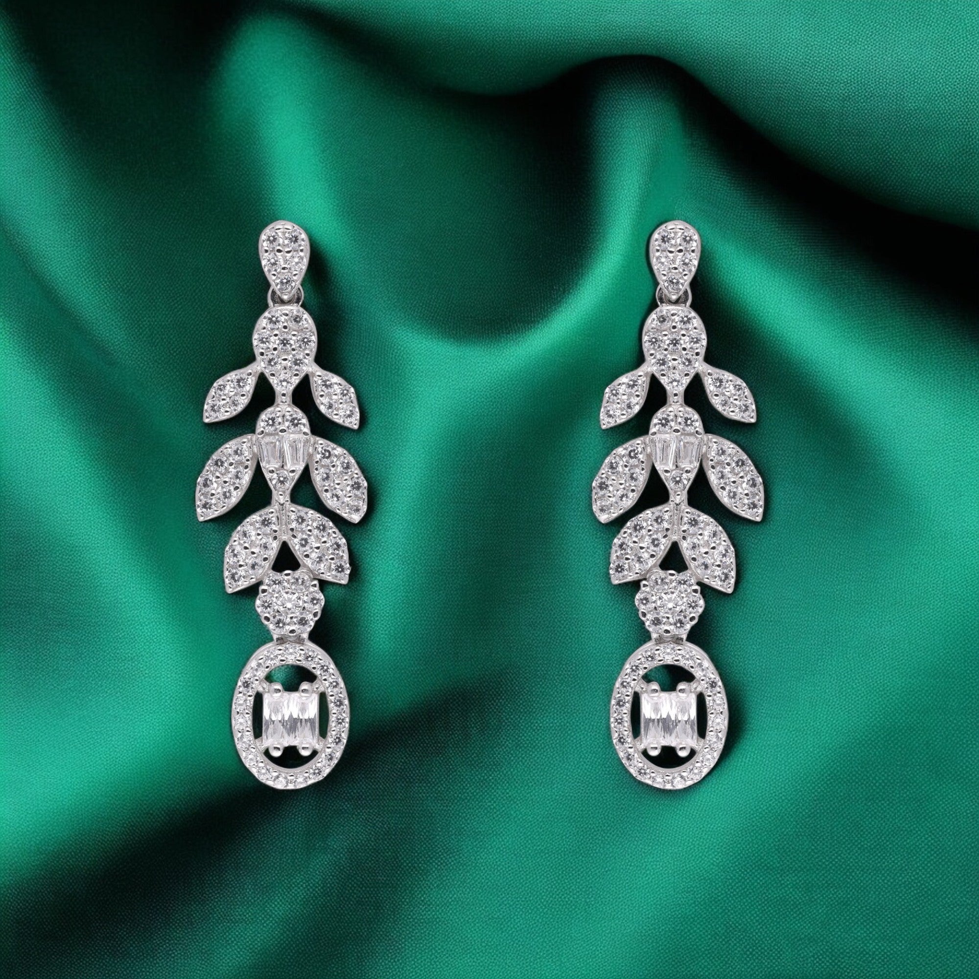 Ethereal Leaf Cascade: Sterling Silver Earrings with Sparkling Zirconia | SKU : 0021188350, 0021189197