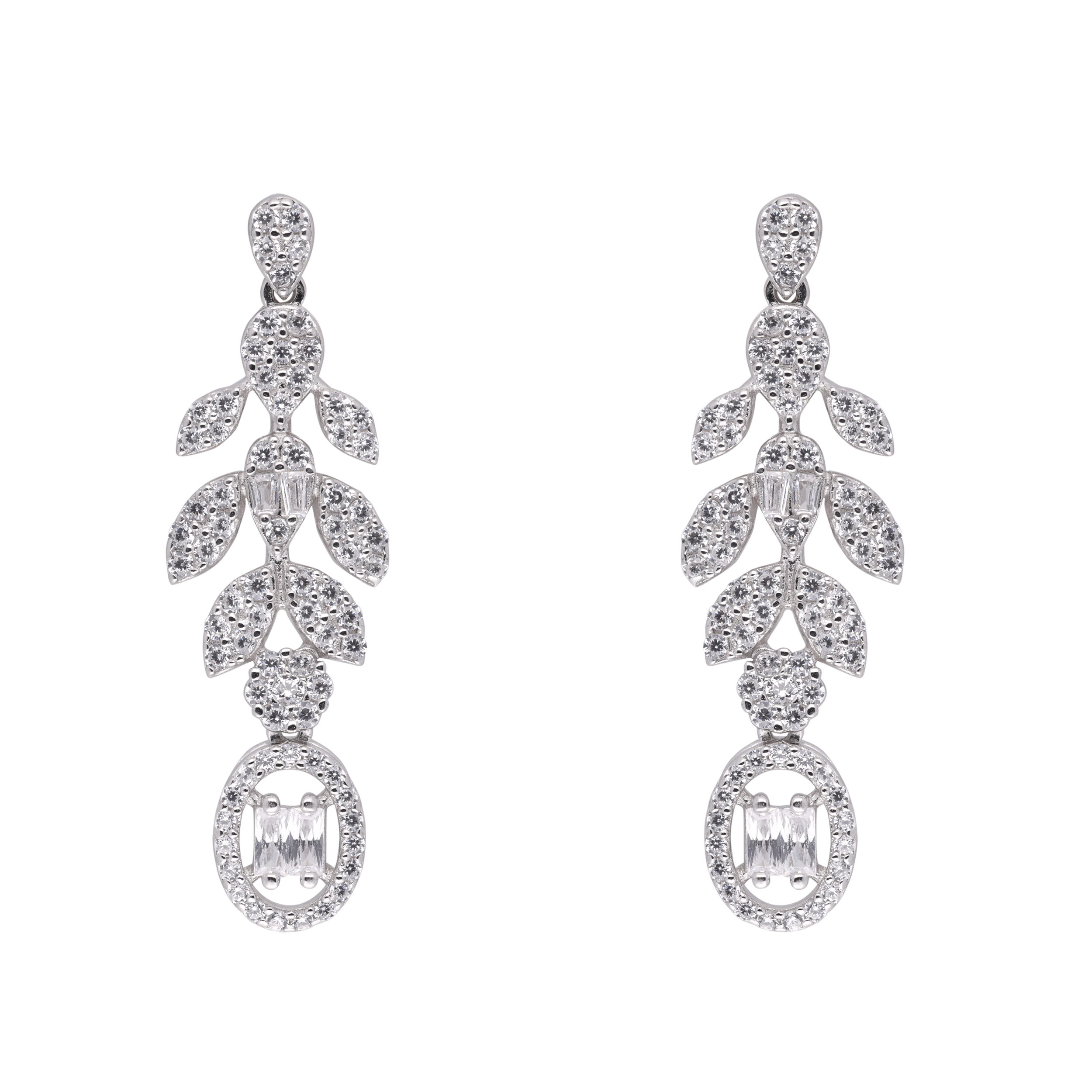 Ethereal Leaf Cascade: Sterling Silver Earrings with Sparkling Zirconia | SKU : 0021188350, 0021189197