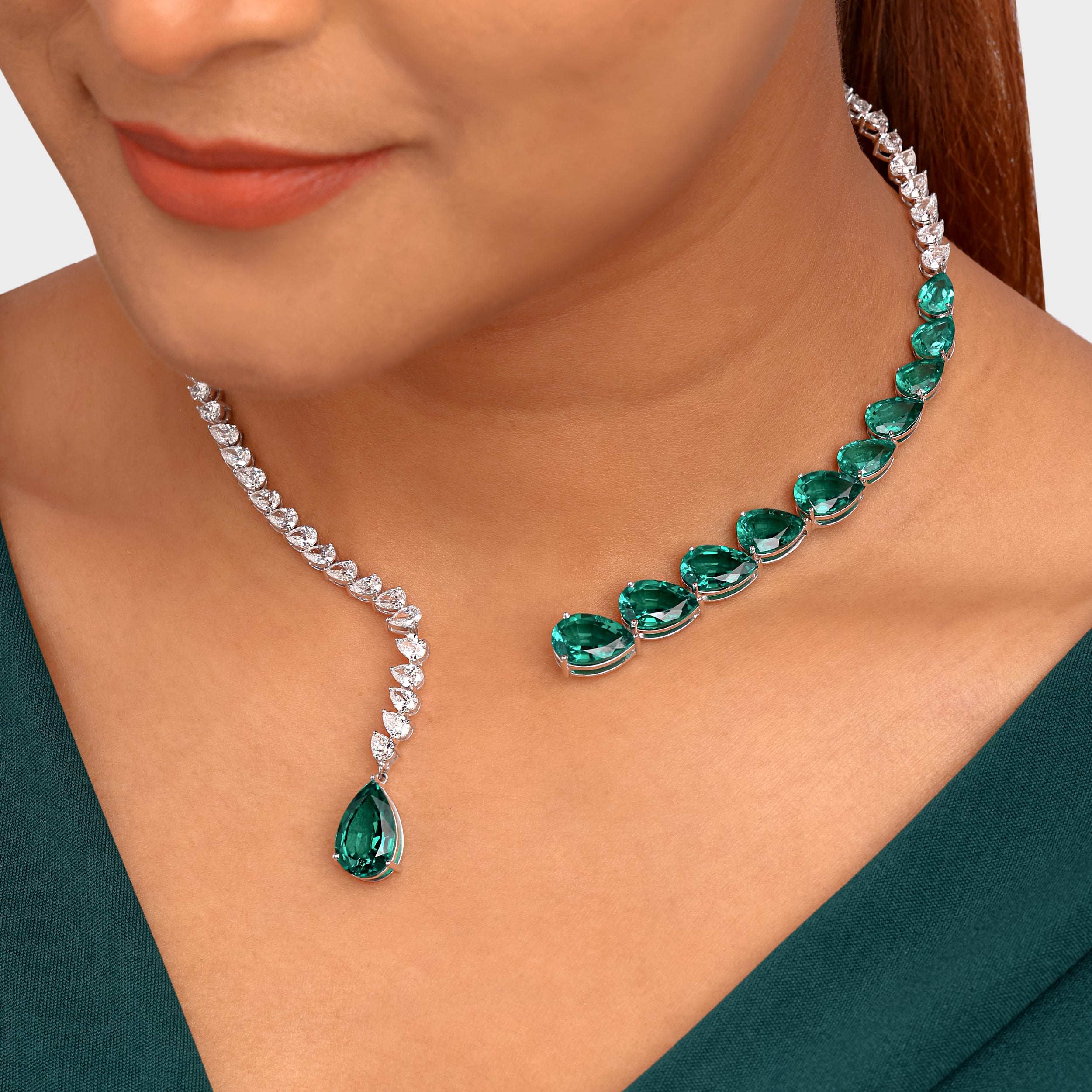 Asymmetrical Lab-Grown Multi-Diamond 15.180 Carat and Emerald Green Stone Necklace | SKU: 0021251641