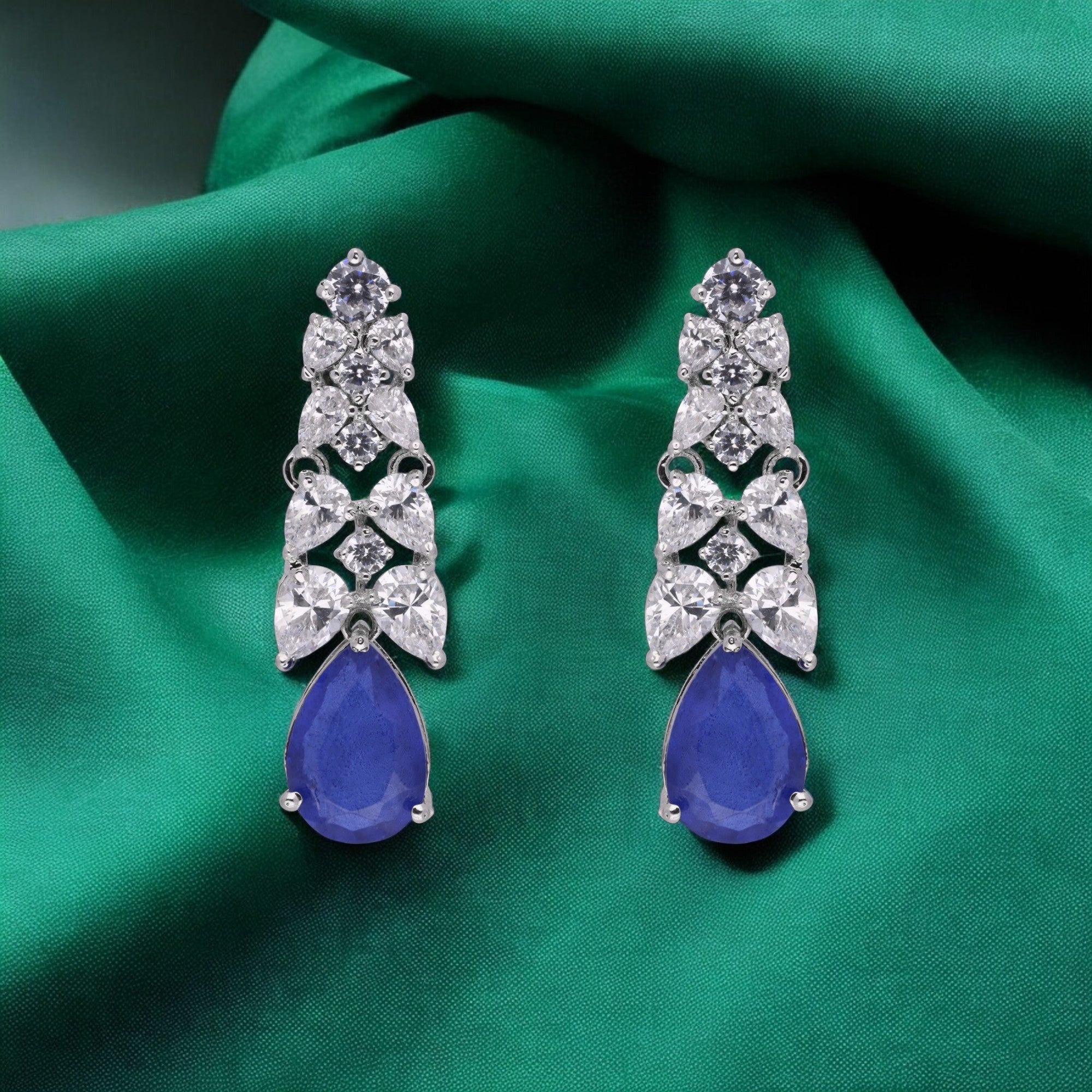 Sterling Silver Sapphire & Diamond-Inspired Drop Earrings | SKU : 0021326349