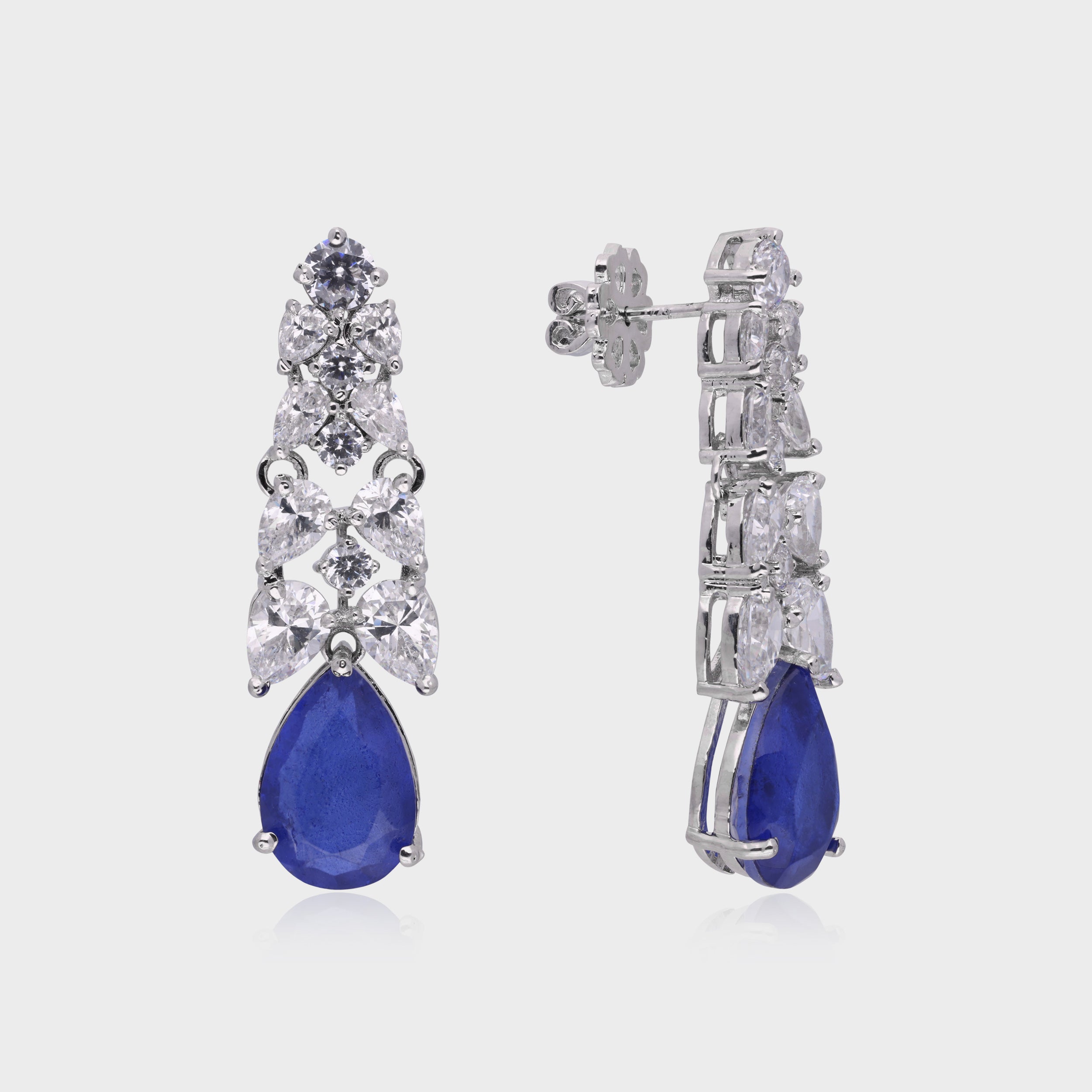 Sterling Silver Sapphire & Diamond-Inspired Drop Earrings | SKU : 0021326349