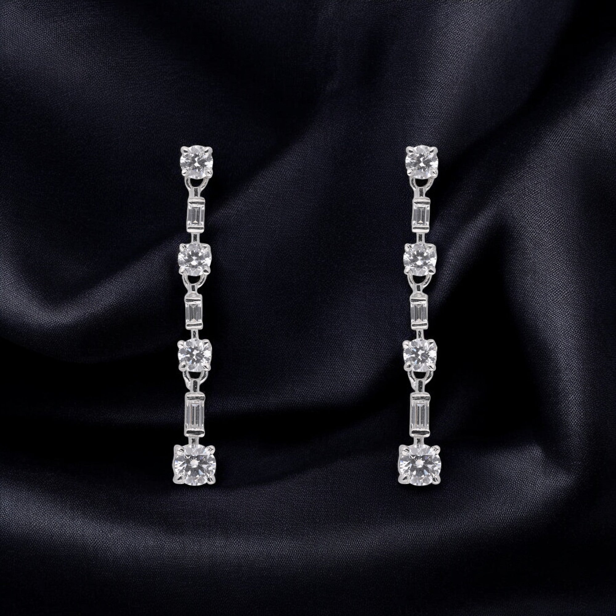 Sophisticated Round and Baguette-Cut White Stone Linear Earrings | SKU : 0021328114