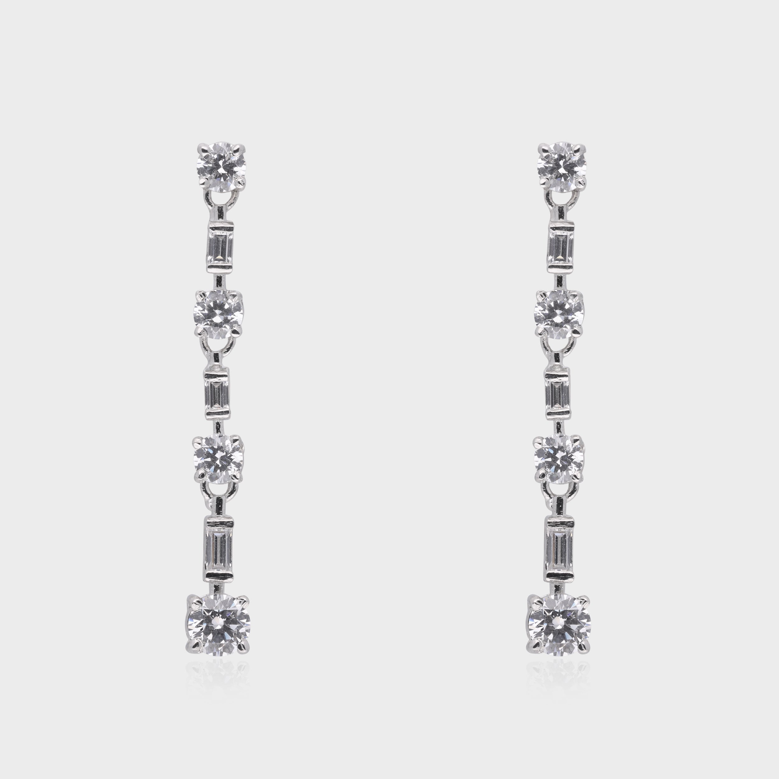 Sophisticated Round and Baguette-Cut White Stone Linear Earrings | SKU : 0021328114