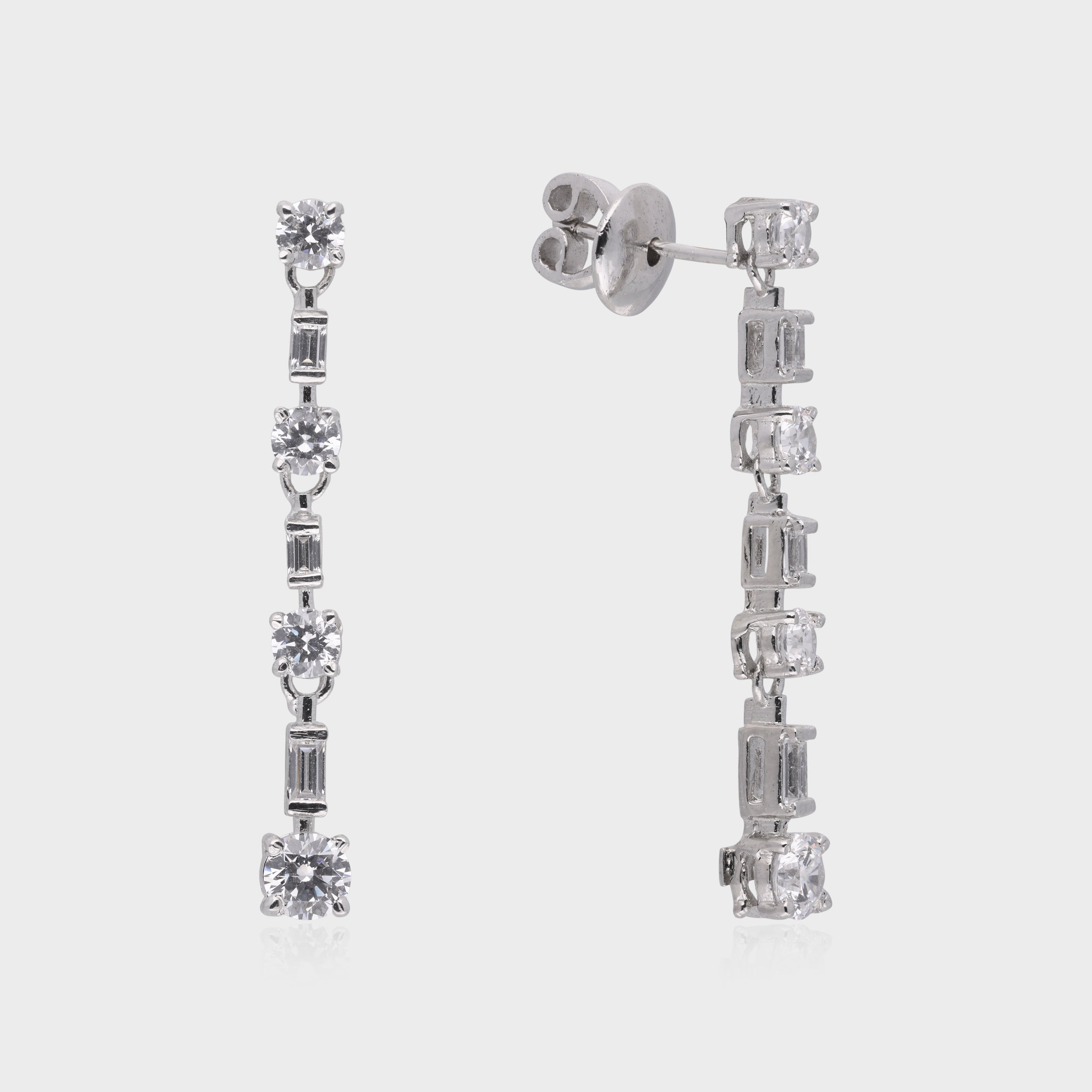 Sophisticated Round and Baguette-Cut White Stone Linear Earrings | SKU : 0021328114