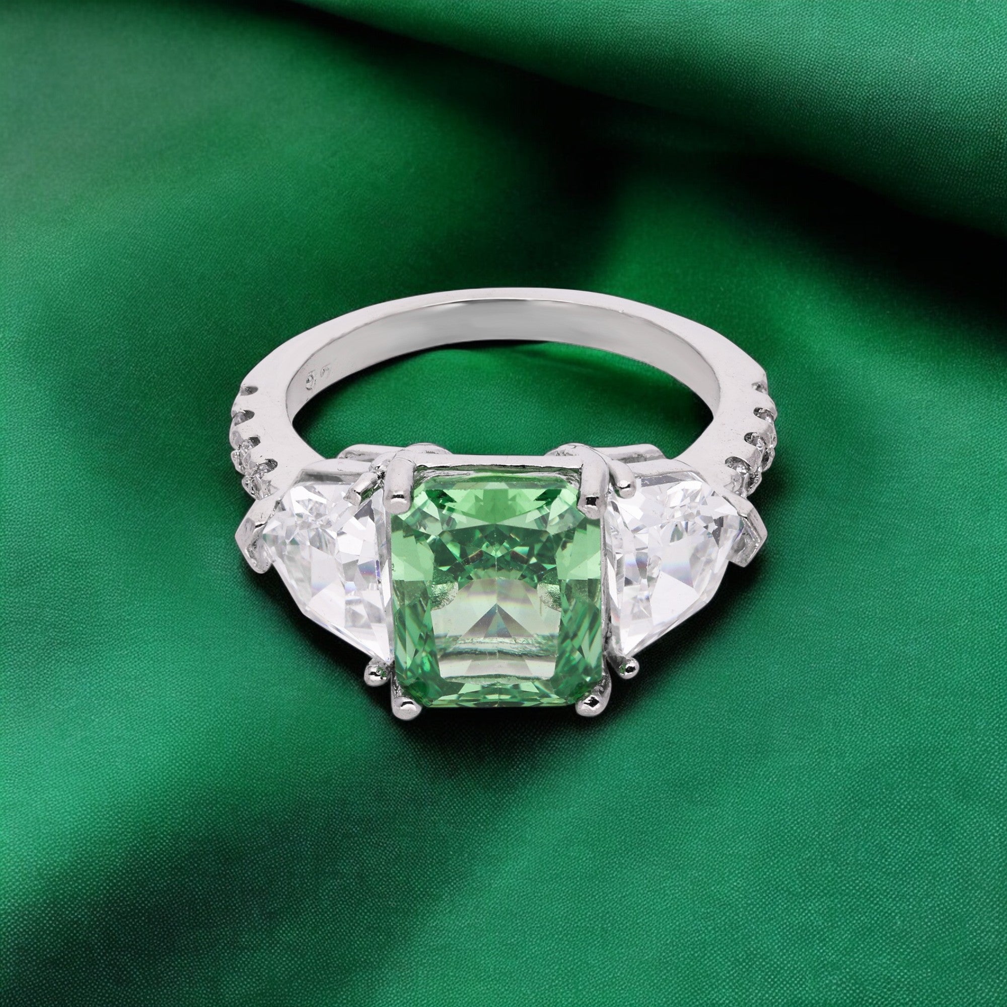 Radiant Green Center Stone Ring with White Stone Accents | SKU : 0021423192