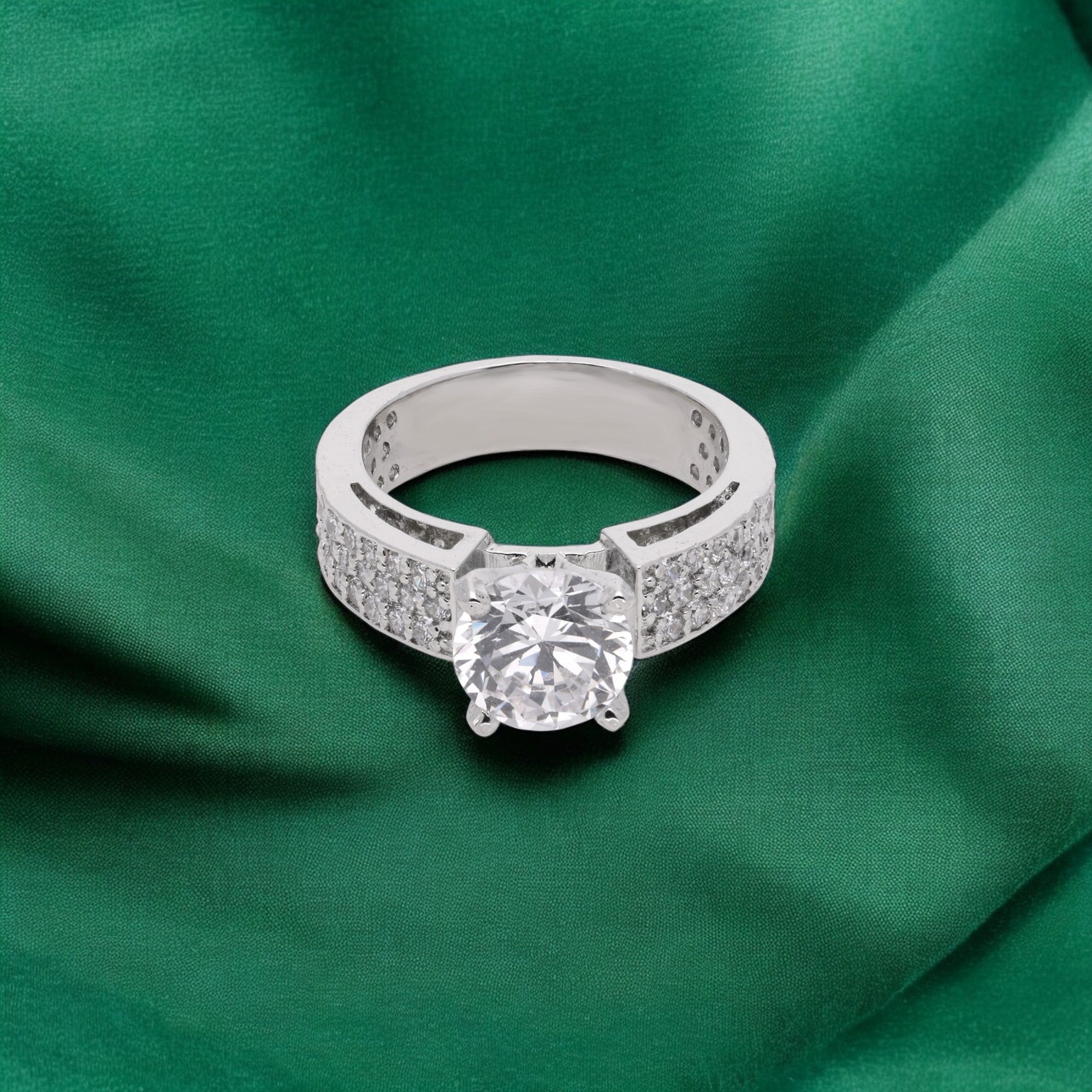 Majestic Solitaire White Stone Ring with Paved Band Accents | SKU : 0021423239