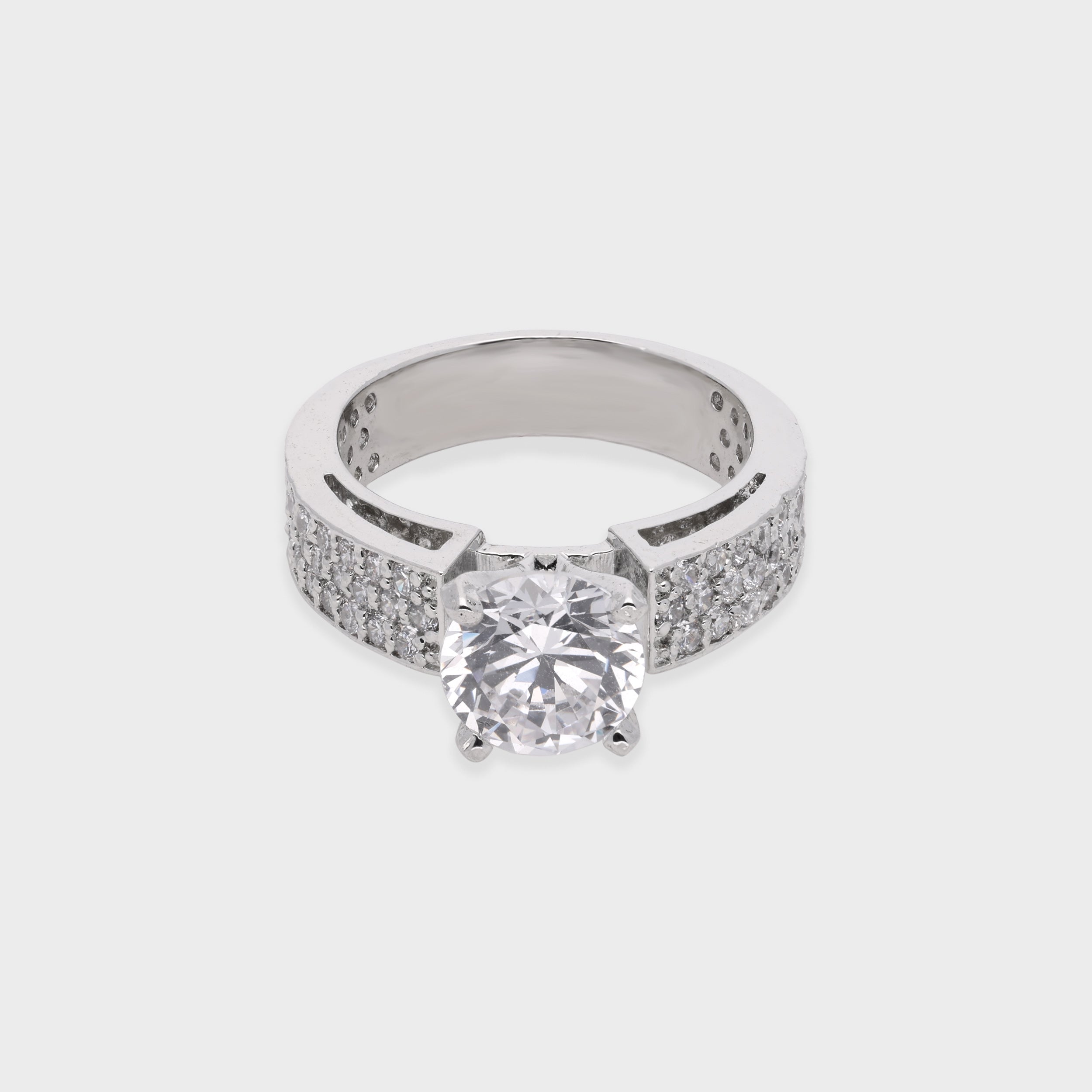 Majestic Solitaire White Stone Ring with Paved Band Accents | SKU : 0021423239