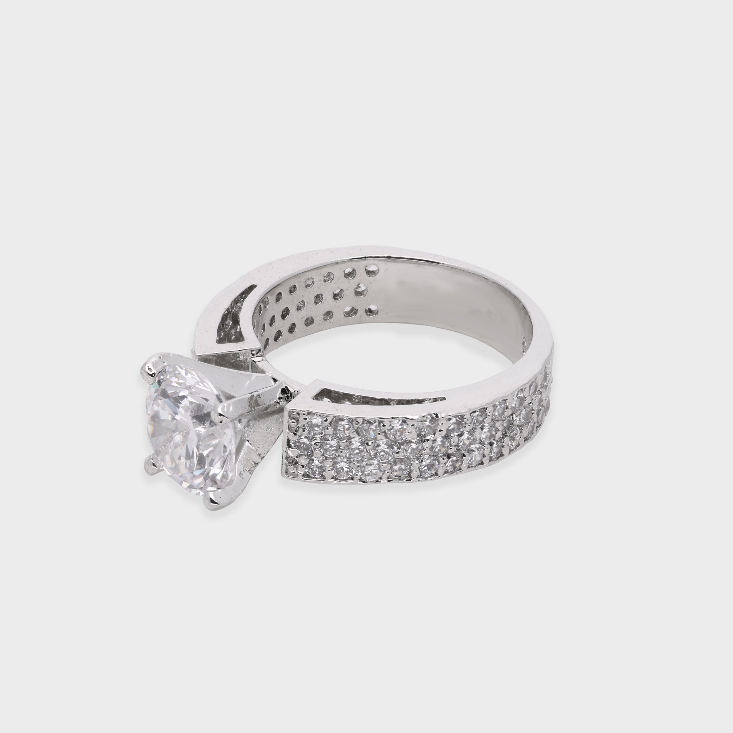 Majestic Solitaire White Stone Ring with Paved Band Accents | SKU : 0021423239