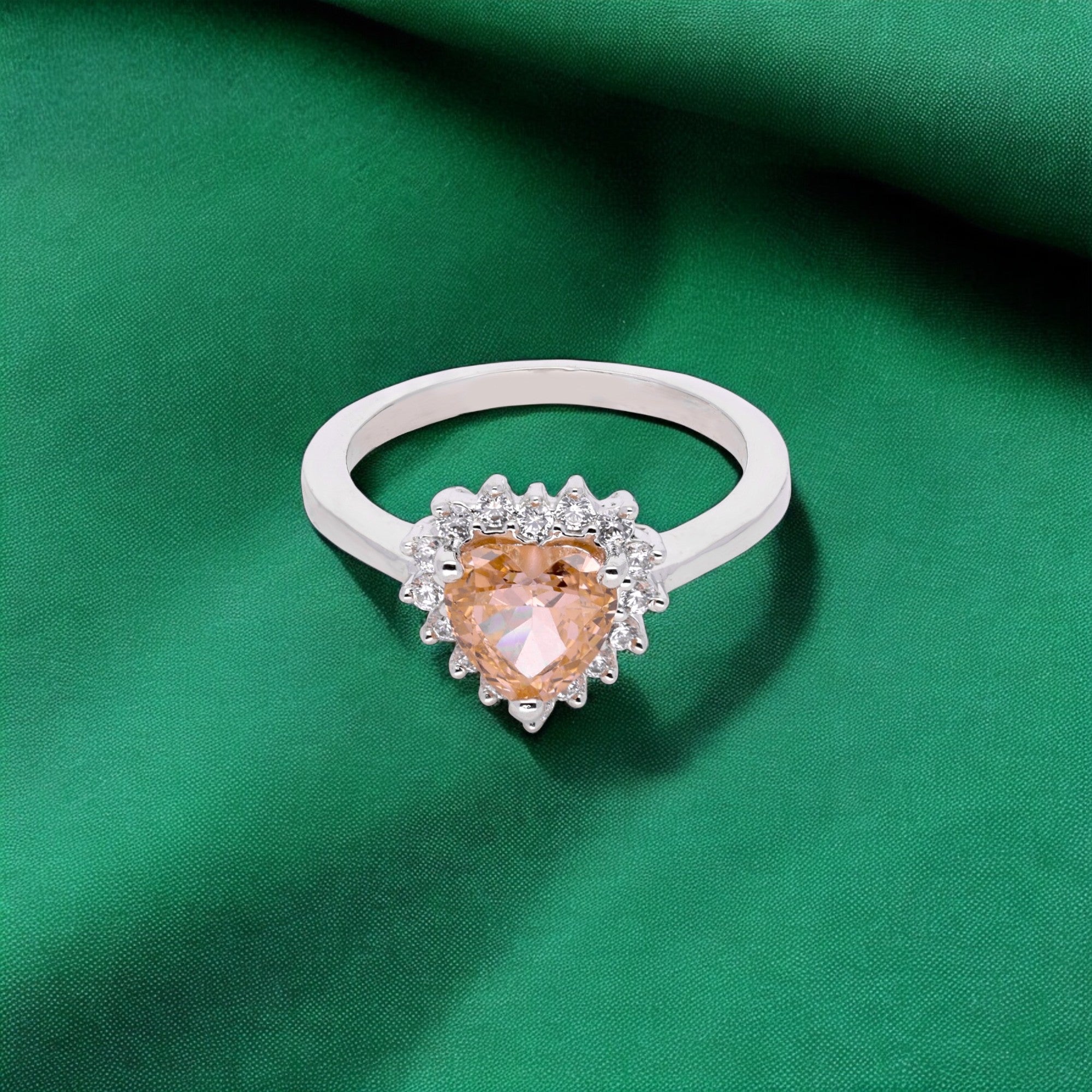 Peach Heart-Cut Halo Ring in Elegant Silver Tone | SKU : 0021423307