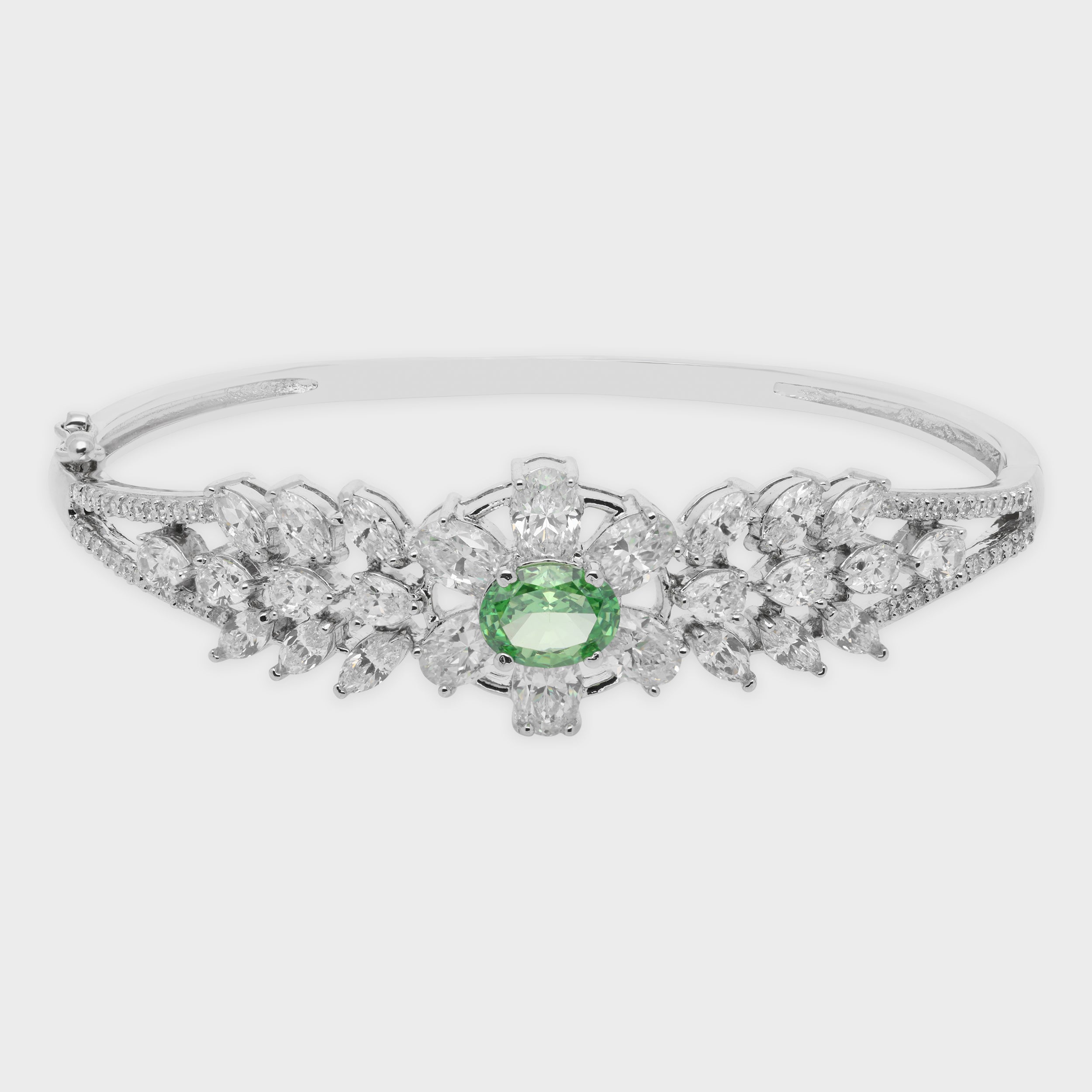 Floral Majesty Bangle with Green Center Stone in Sterling Silver | SKU: 0021423598