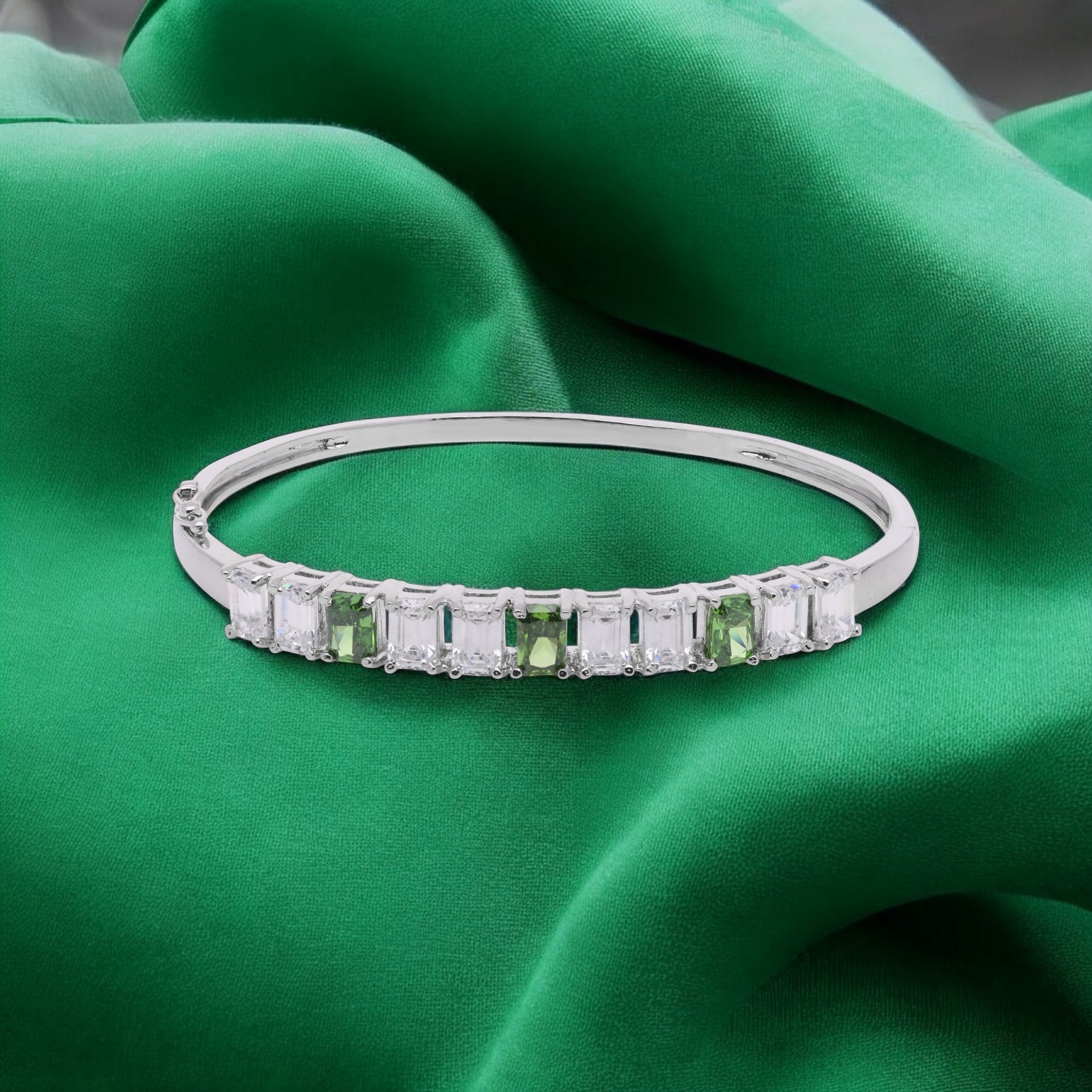 Emerald Green and White Stone Bangle in Silver Tone | SKU: 0021423628