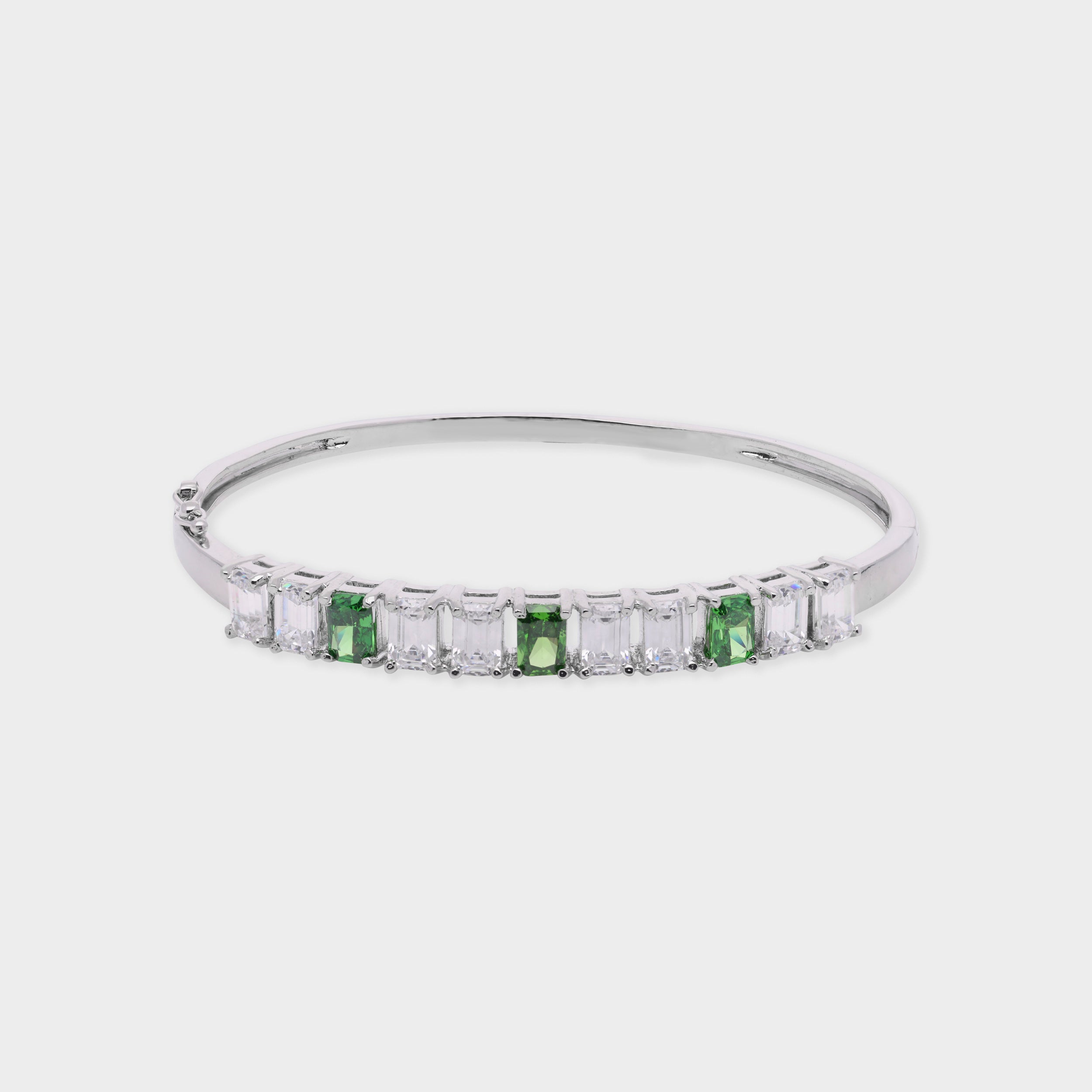 Emerald Green and White Stone Bangle in Silver Tone | SKU: 0021423628