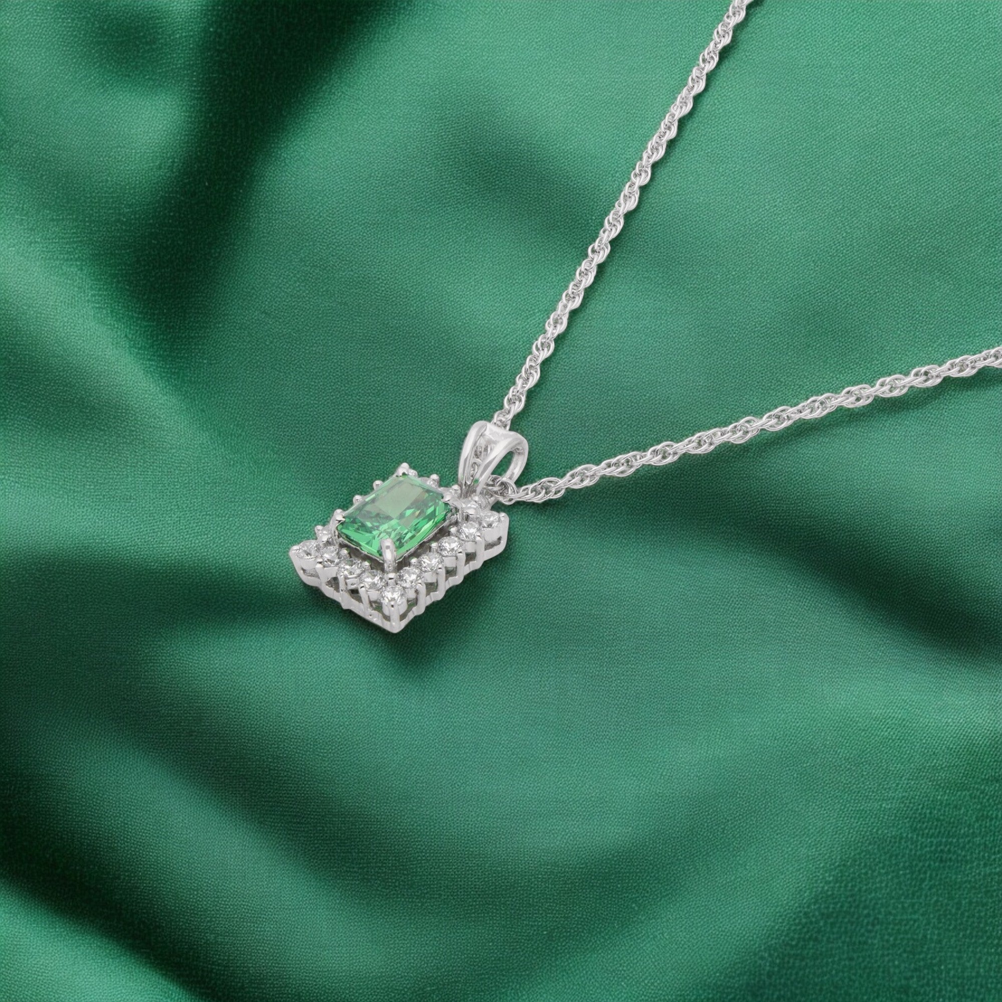 Emerald-Cut Green Stone Pendant on Twisted Sterling Silver Chain | SKU : 0021423802, 0021423796