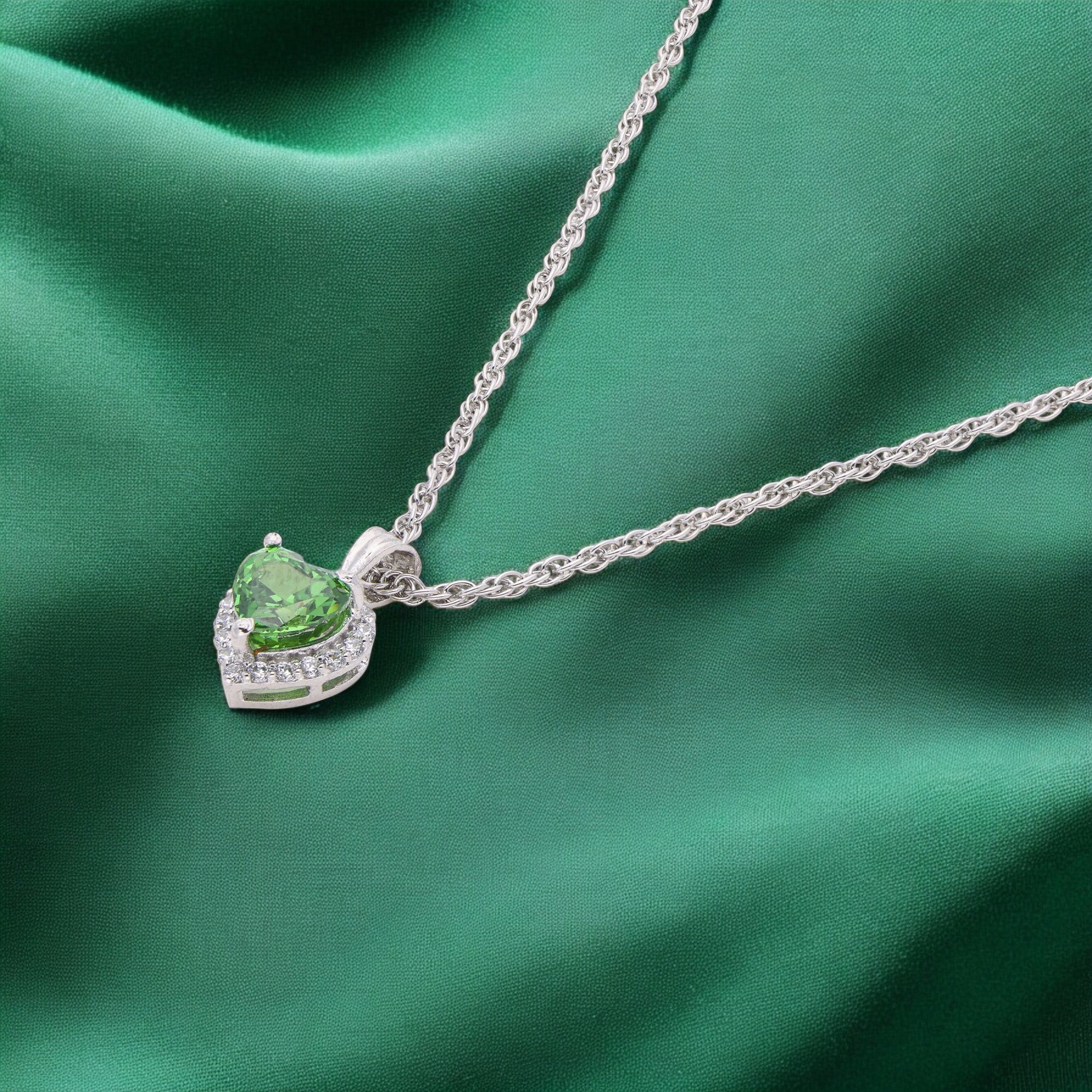 Green Heart Halo Pendant Necklace – Sterling Silver Elegance | SKU : 0021423901, 0021423925, 0021423949, 0003579244