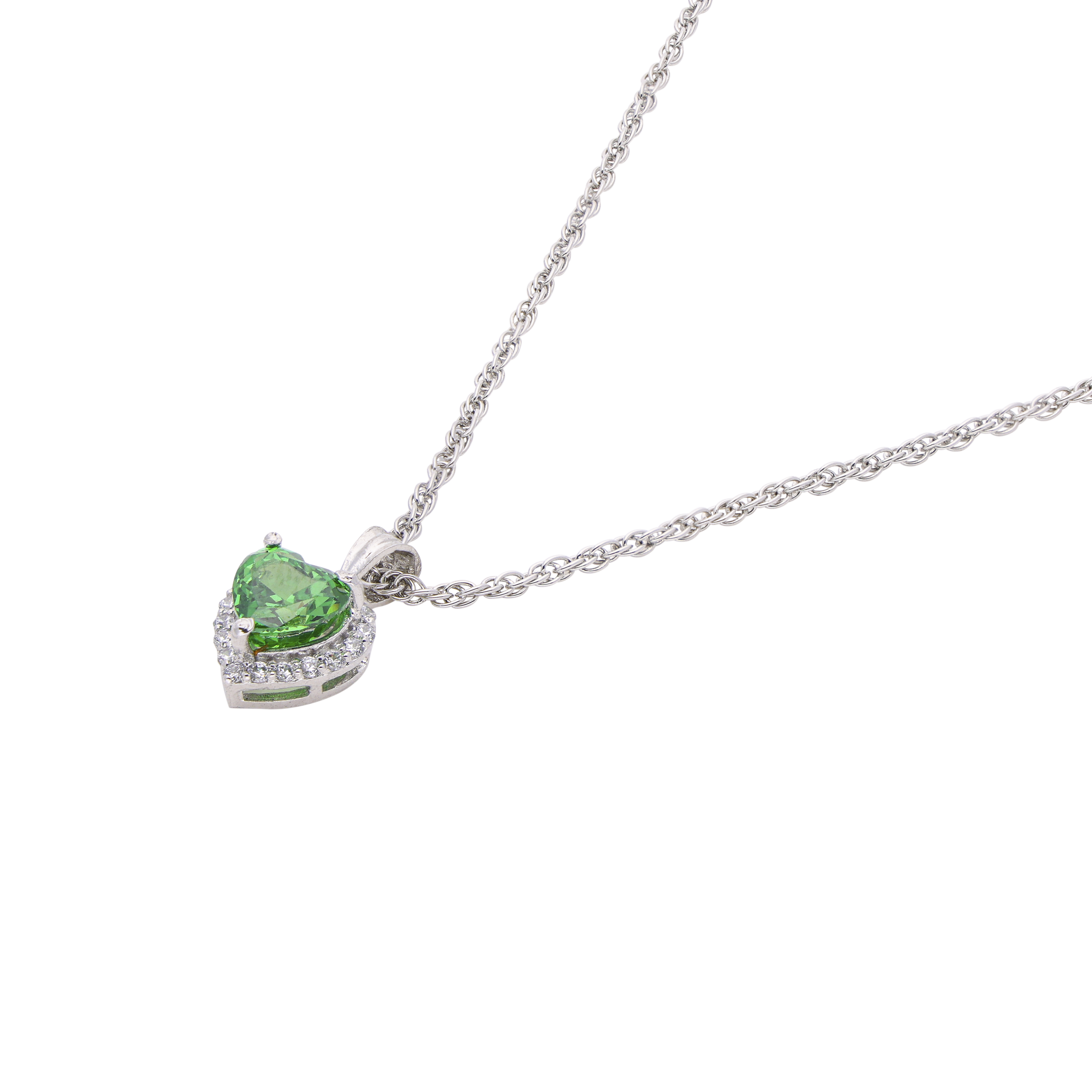 Green Heart Halo Pendant Necklace – Sterling Silver Elegance | SKU : 0021423901, 0021423925, 0021423949, 0003579244