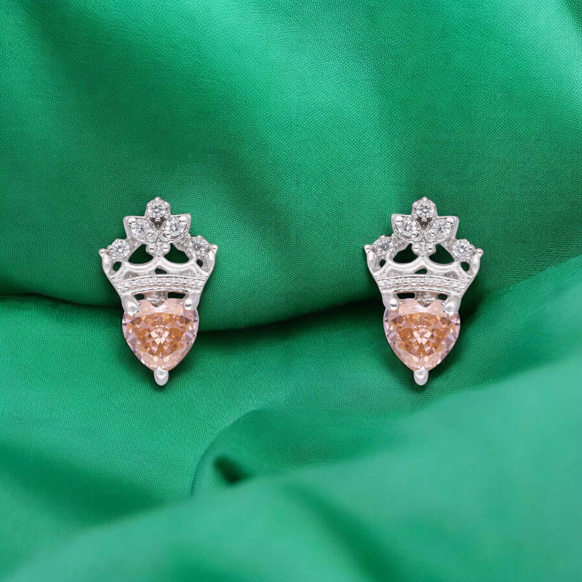 Sterling Silver Crown Heart Stud Earrings with Sparkling Peach Stone | SKU : 0021456787, 0021456749