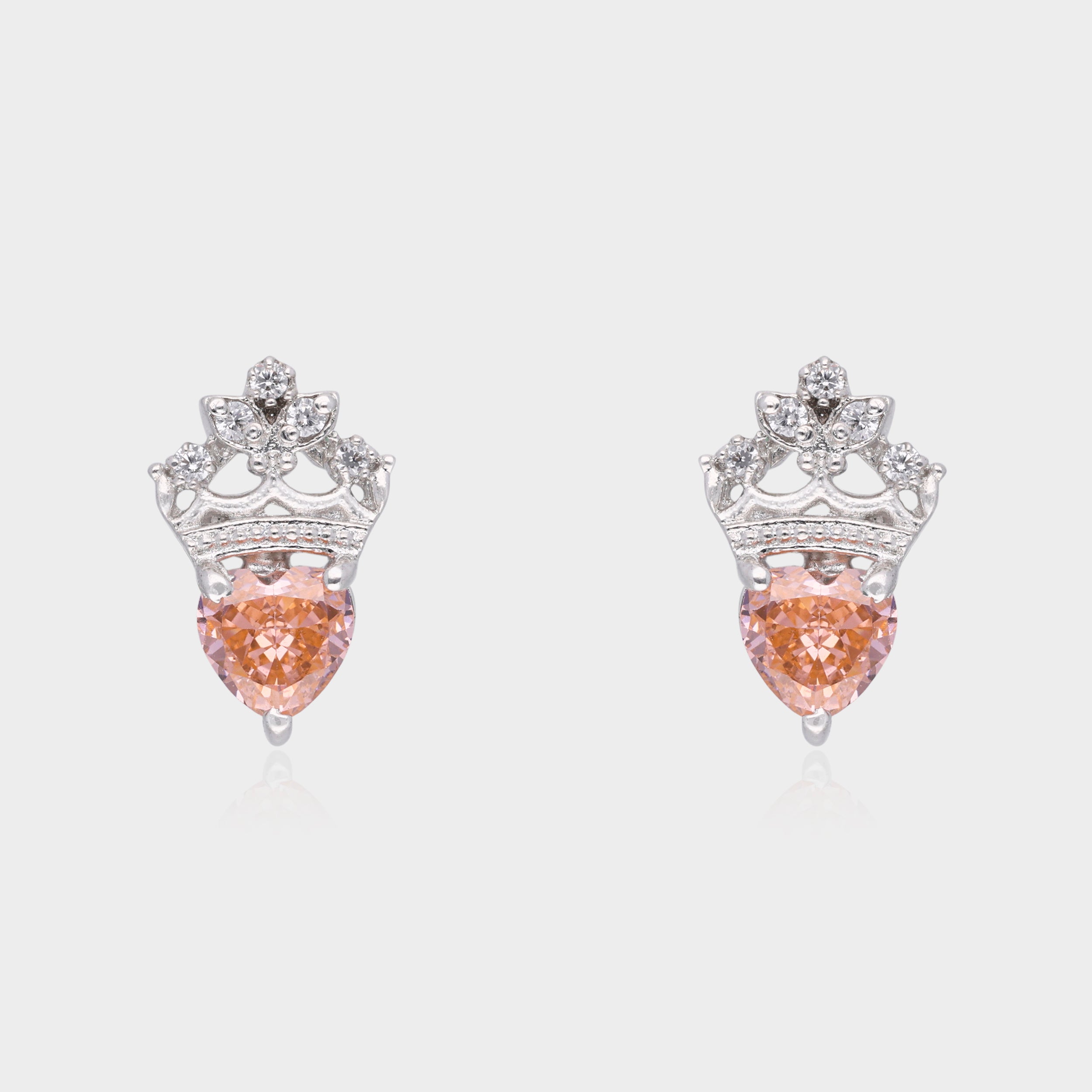 Sterling Silver Crown Heart Stud Earrings with Sparkling Peach Stone | SKU : 0021456787, 0021456749