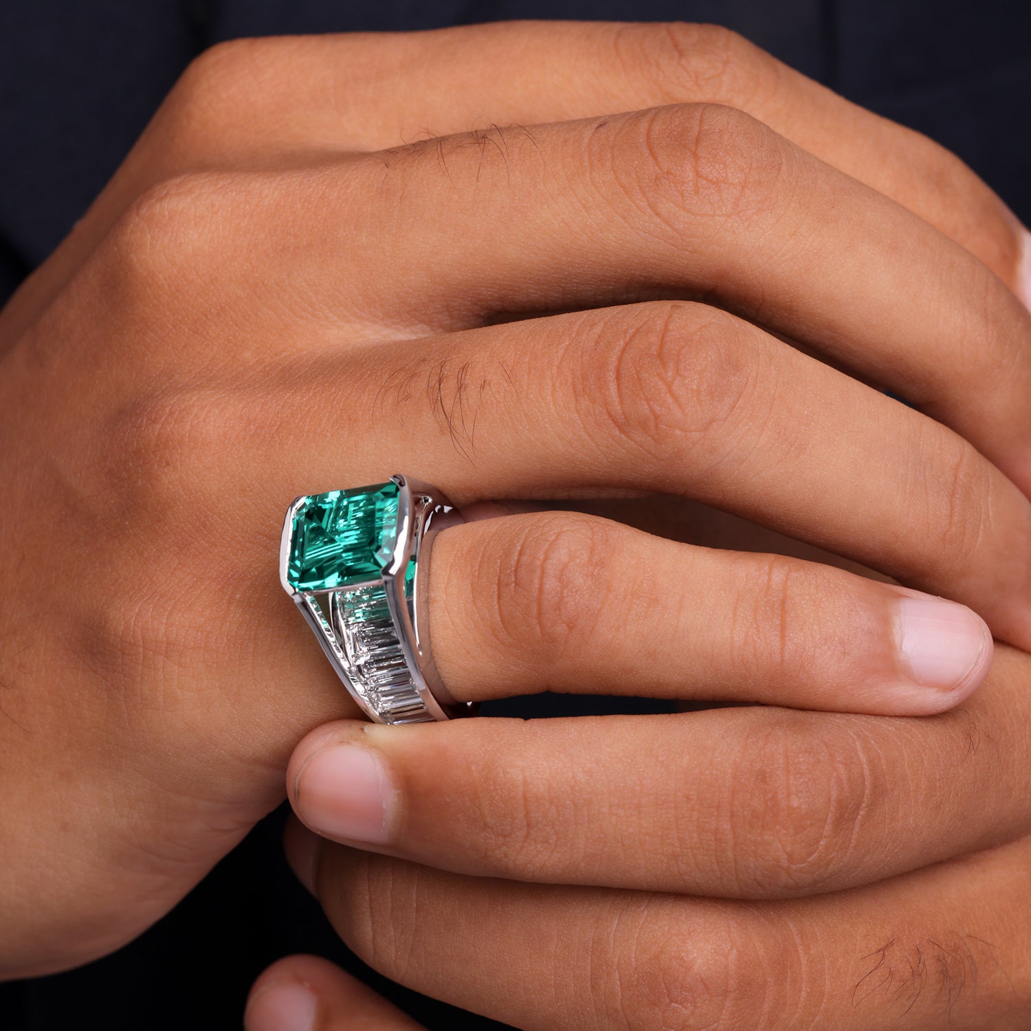 Emerald-Cut Green Stone Statement Ring with Baguette Accents in White Gold Finish | SKU : 0021474224