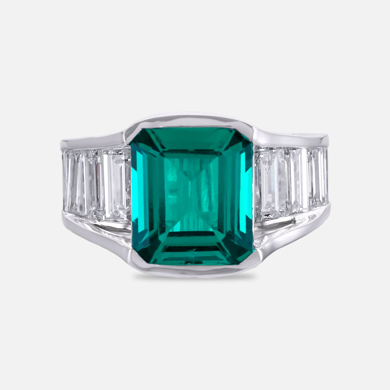 Emerald-Cut Green Stone Statement Ring with Baguette Accents in White Gold Finish | SKU : 0021474224
