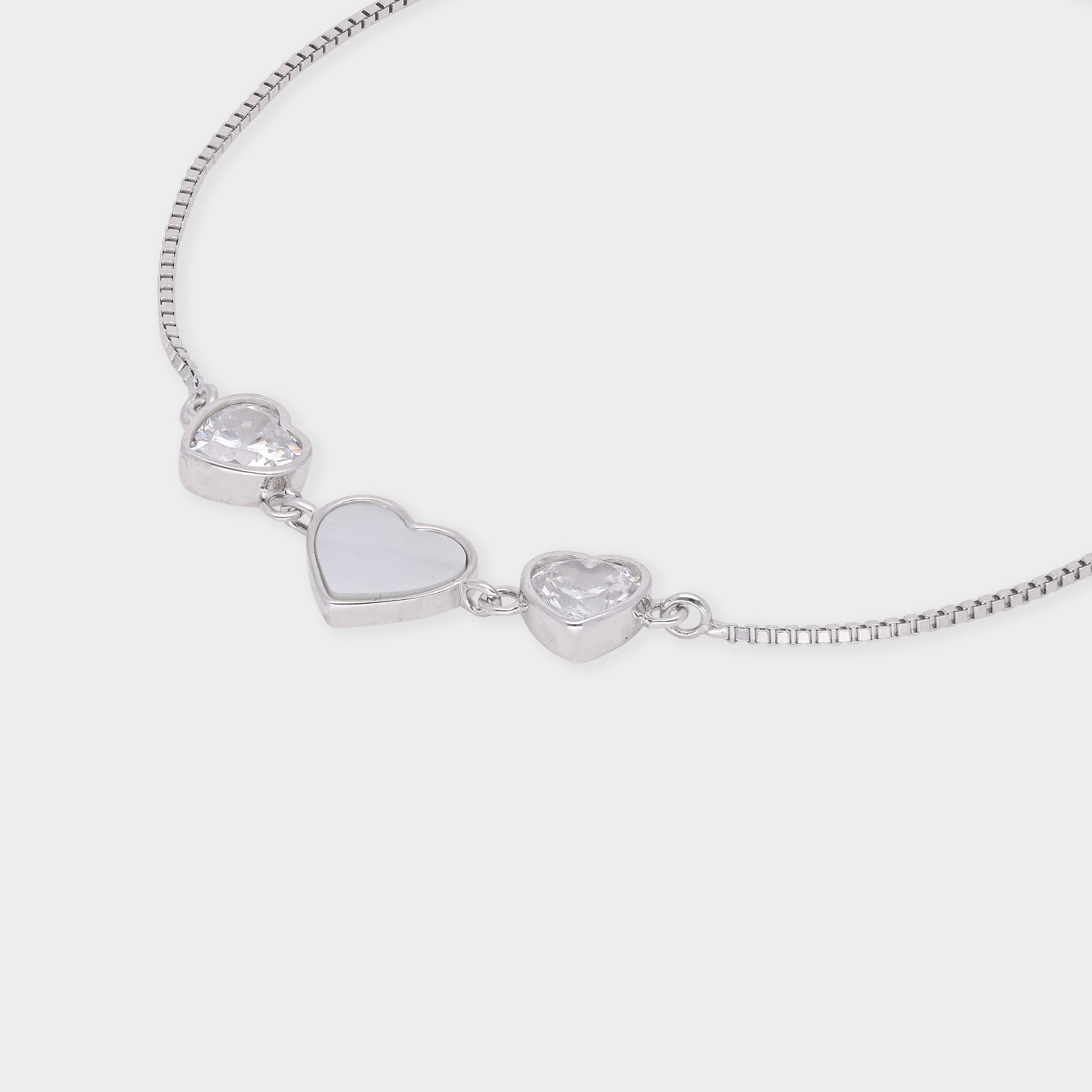 Triple Heart Bracelet with Mother-of-Pearl and Sparkling Stone Accents in Silver Tone | SKU : 0021525308, 0021525292, 0021525278, 0021525285, 0003624241