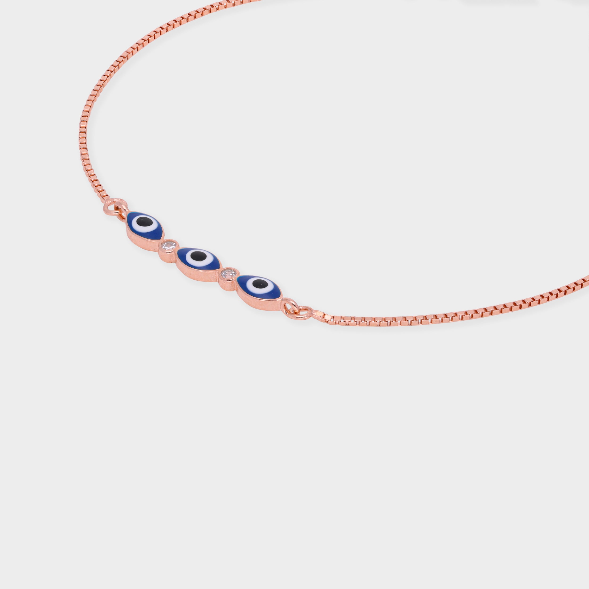 Rose Gold Evil Eye Bracelet with Trio Motif and Stones | SKU : 0021525599, 0021525582, 0003624166