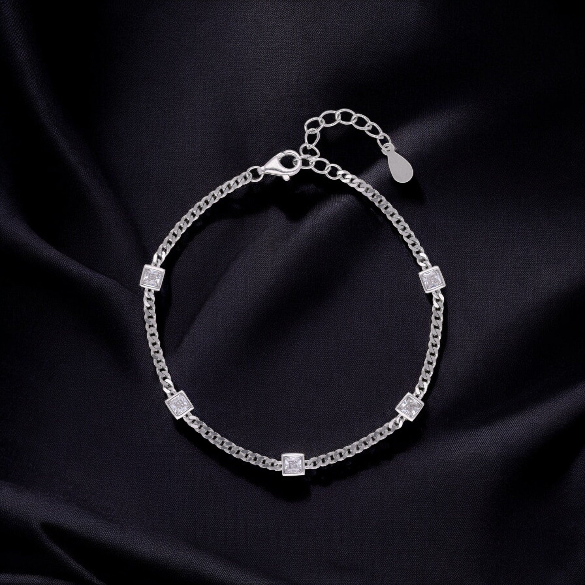 Sleek Box Chain Bracelet with Princess-Cut Stone Accents in Silver Tone | SKU : 0021525827
